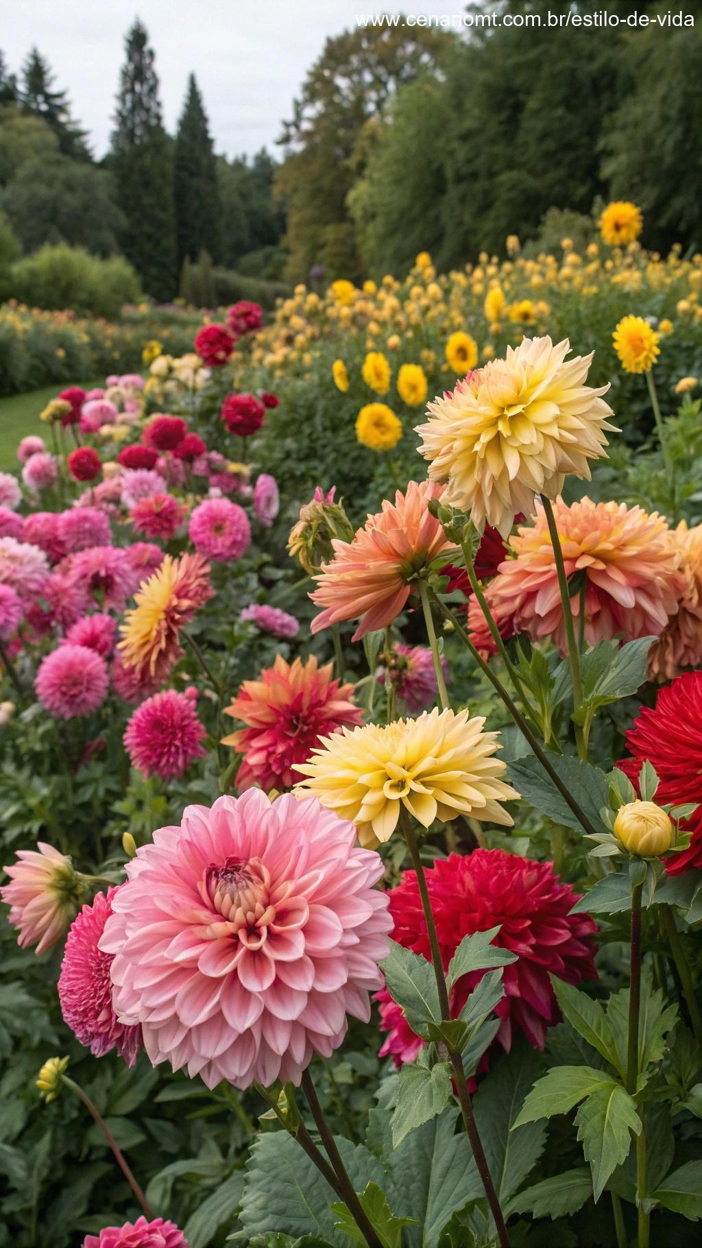 Dálias coloridas em um jardim florido.