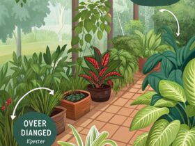 Imagem mostrando erros comuns no cuidado com plantas, como excesso de água e plantio inadequado.