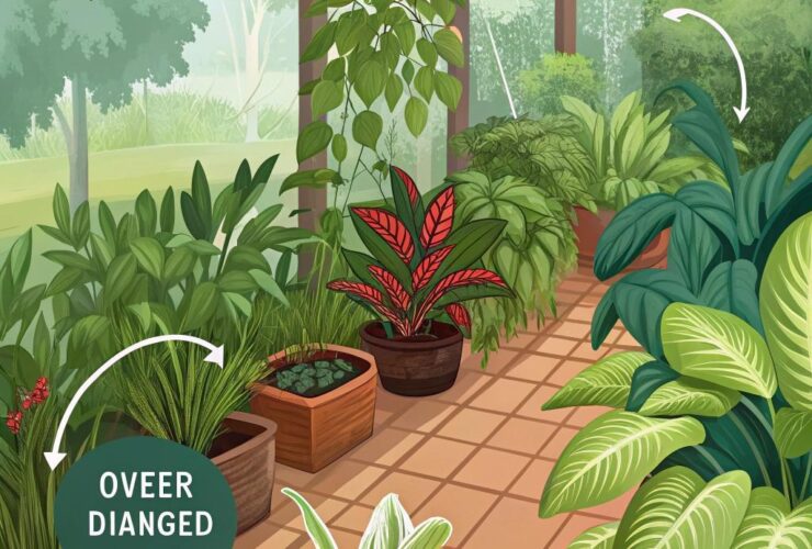 Imagem mostrando erros comuns no cuidado com plantas, como excesso de água e plantio inadequado.