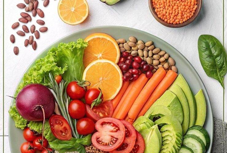 Imagem com várias opções de alimentos saudáveis, como vegetais, frutas e grãos, dispostos de forma atraente, com um tema econômico.