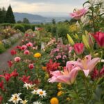 Um jardim vibrante cheio de flores coloridas como lírios, rosas e margaridas, criando um paraíso exuberante.