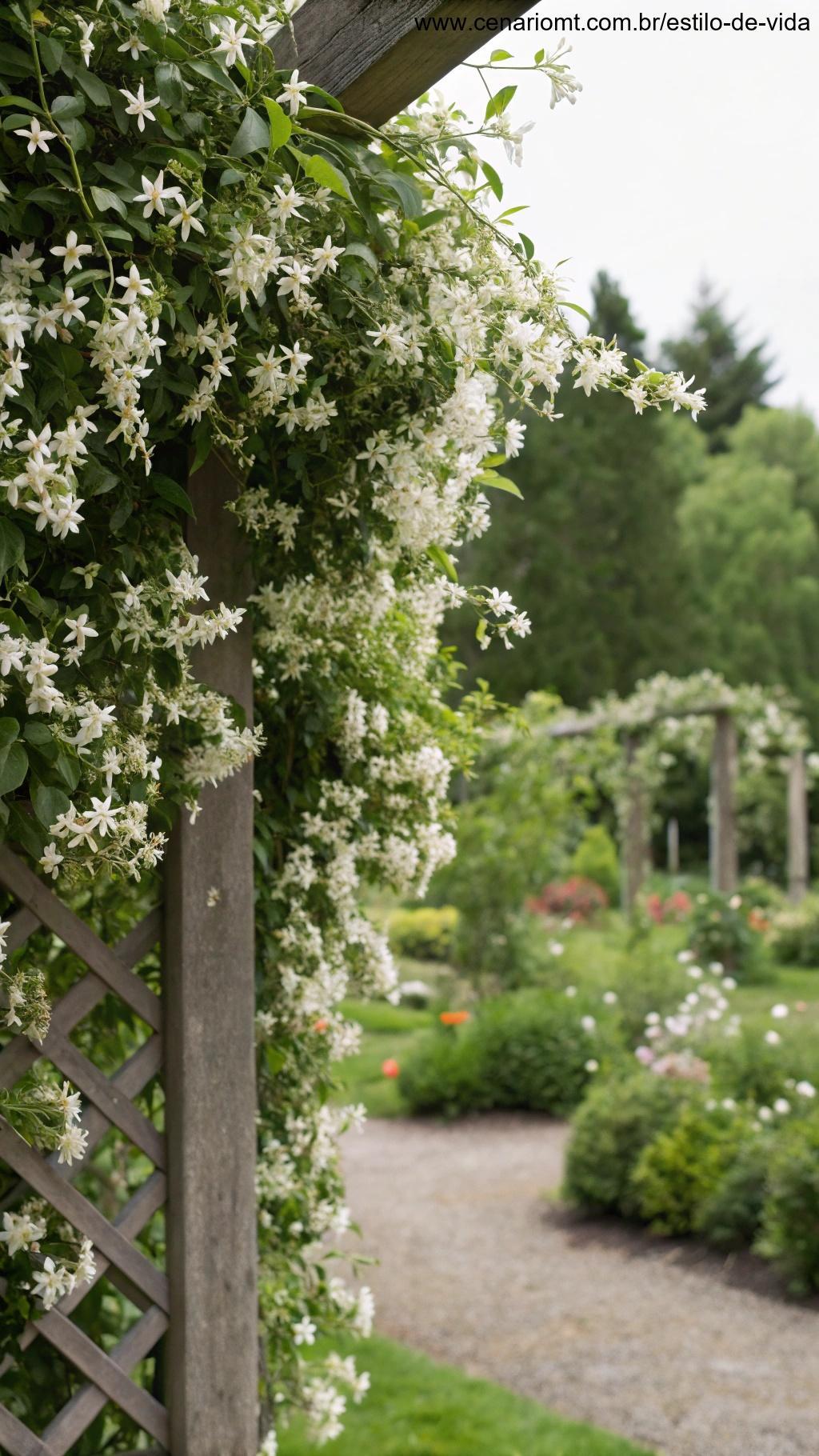 Coroa de jasmin com flores brancas delicadas caindo de uma treliça em um jardim perfumado.