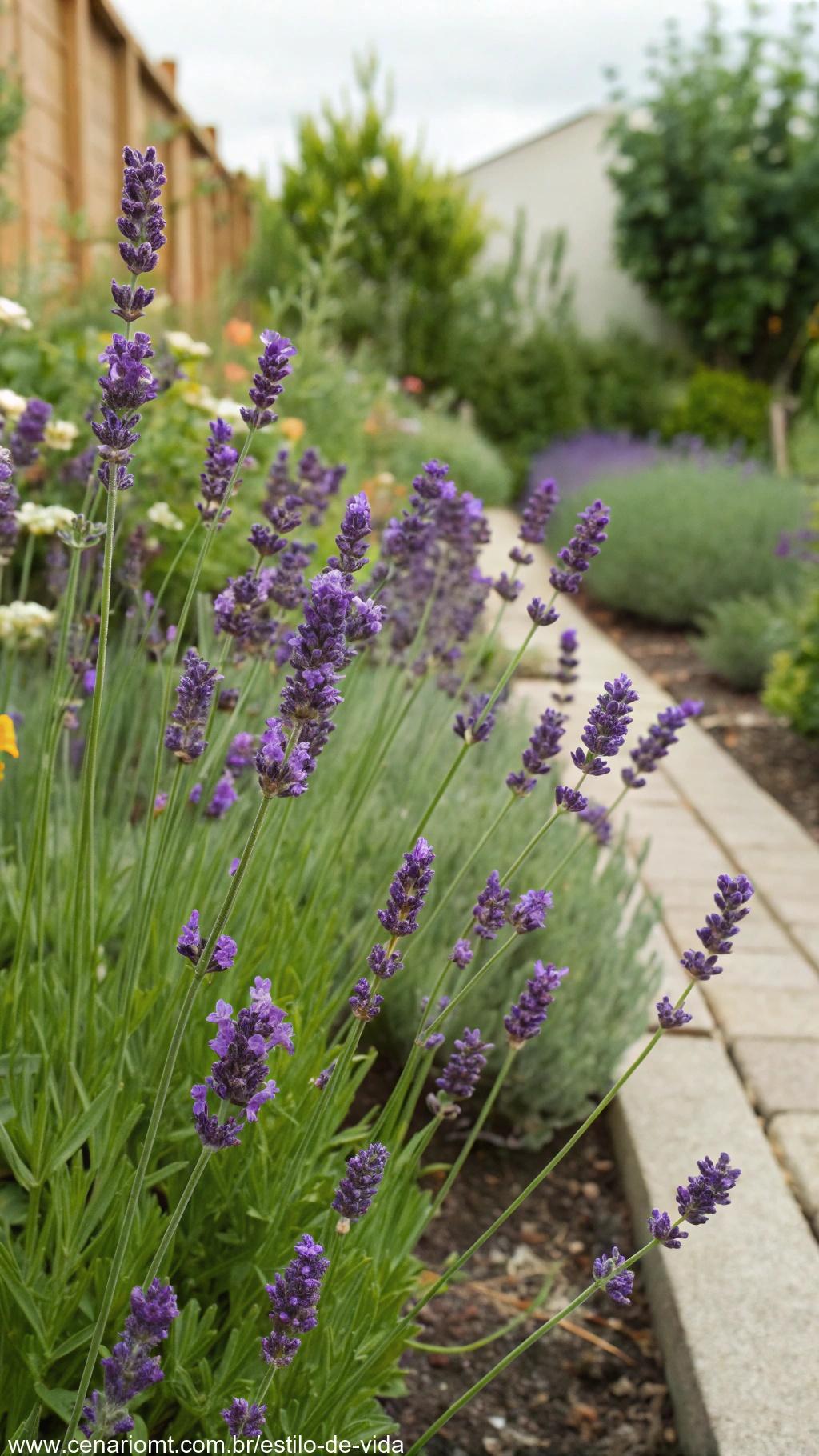 Flores de lavanda crescendo em um pequeno jardim, com sua cor roxa destacando-se em um canteiro vibrante com outras ervas.