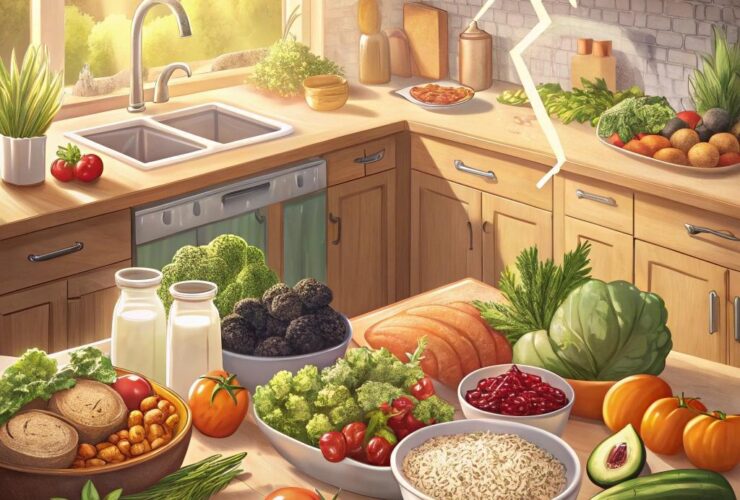 Ilustração com alimentos variados e ícone de mito quebrado em uma cozinha iluminada.