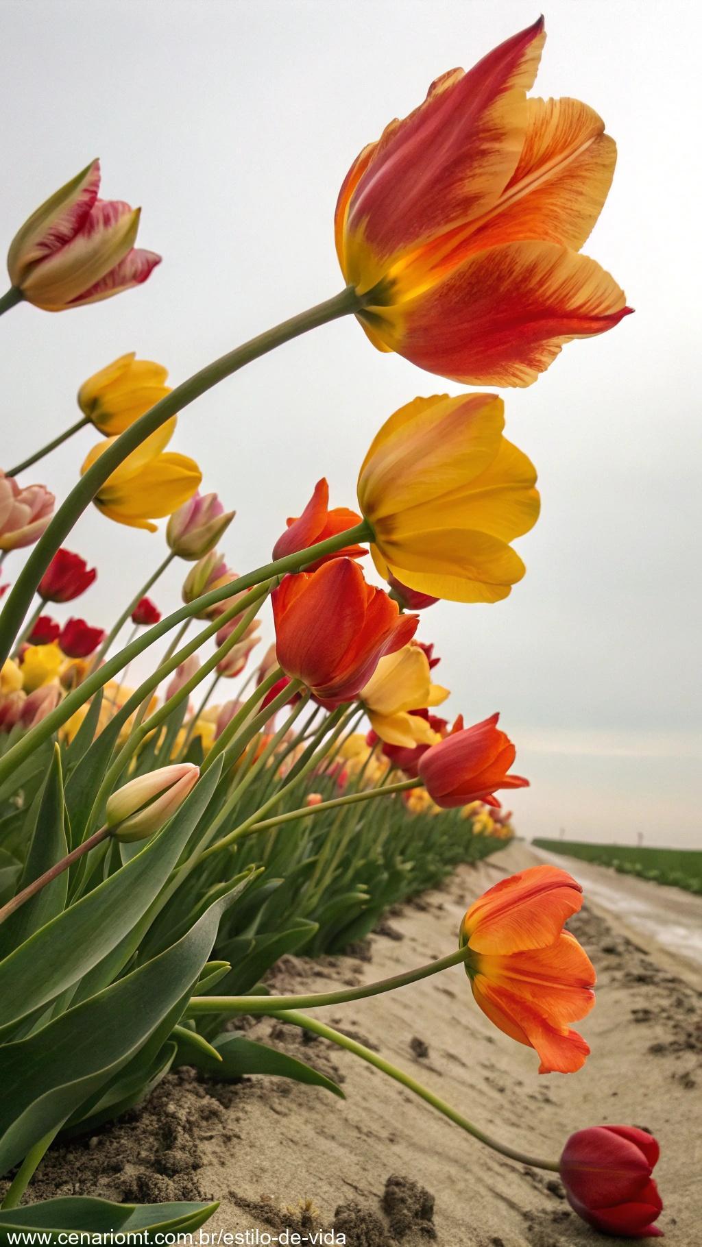 Um grupo de tulipas em vários tons de vermelho, amarelo e laranja, balançando suavemente ao vento.