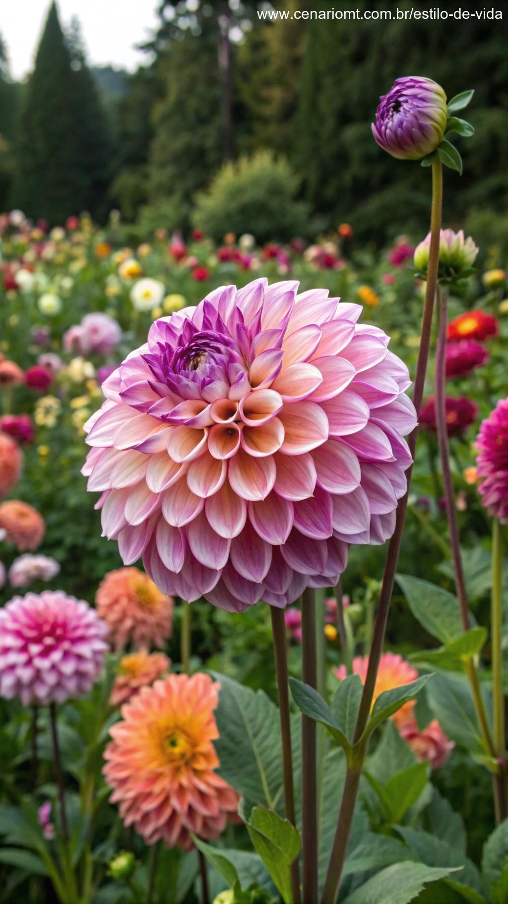Dália com camadas intrincadas de pétalas em tons de rosa e roxo, erguendo-se em um jardim colorido.