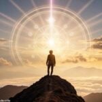 Uma cena serena e mística com uma pessoa no topo de uma montanha ao amanhecer, cercada por uma aura dourada.