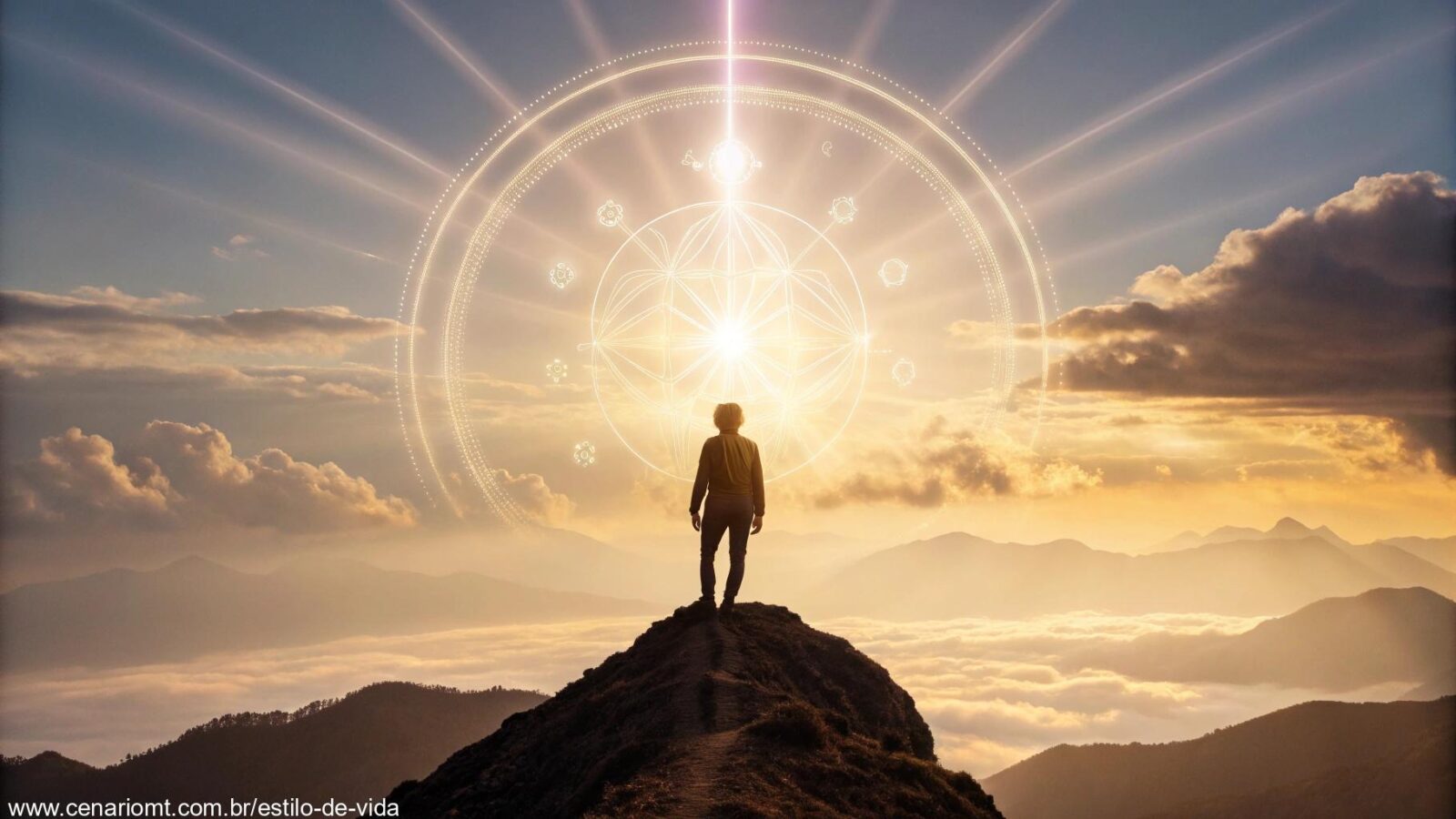 Uma cena serena e mística com uma pessoa no topo de uma montanha ao amanhecer, cercada por uma aura dourada.