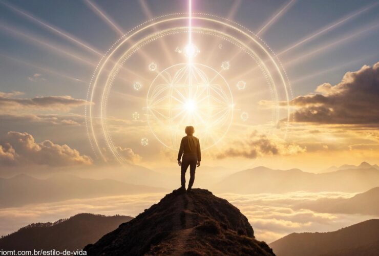 Uma cena serena e mística com uma pessoa no topo de uma montanha ao amanhecer, cercada por uma aura dourada.