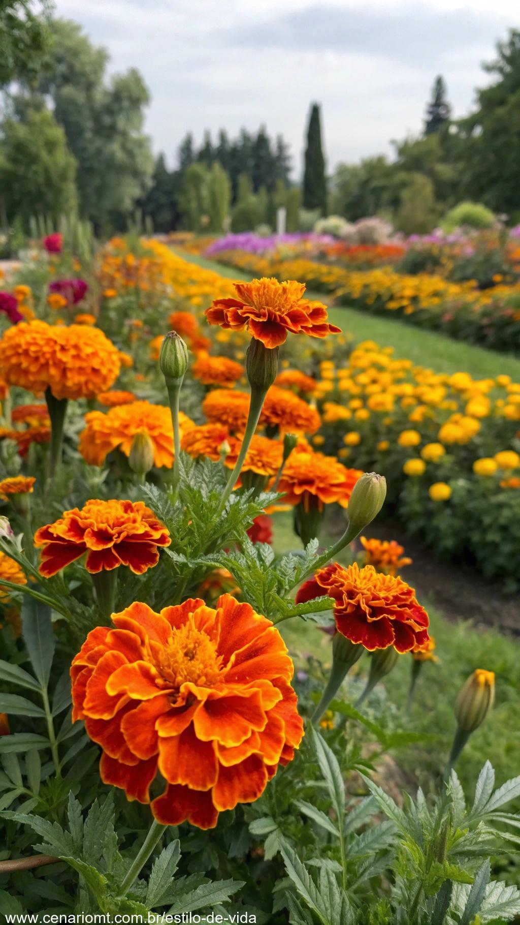Calêndulas laranja e amarelas florescendo em um jardim.