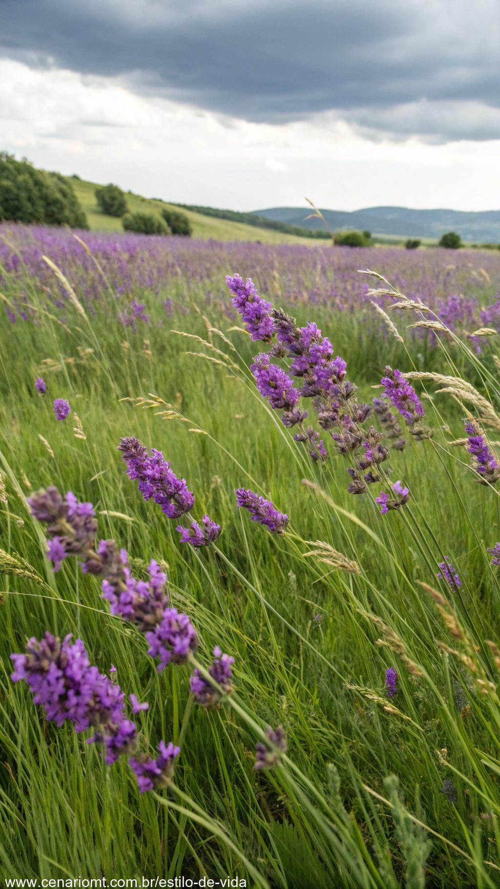 Campo de lavanda do campo com flores roxas balançando suavemente ao vento, cercadas por grama verde.