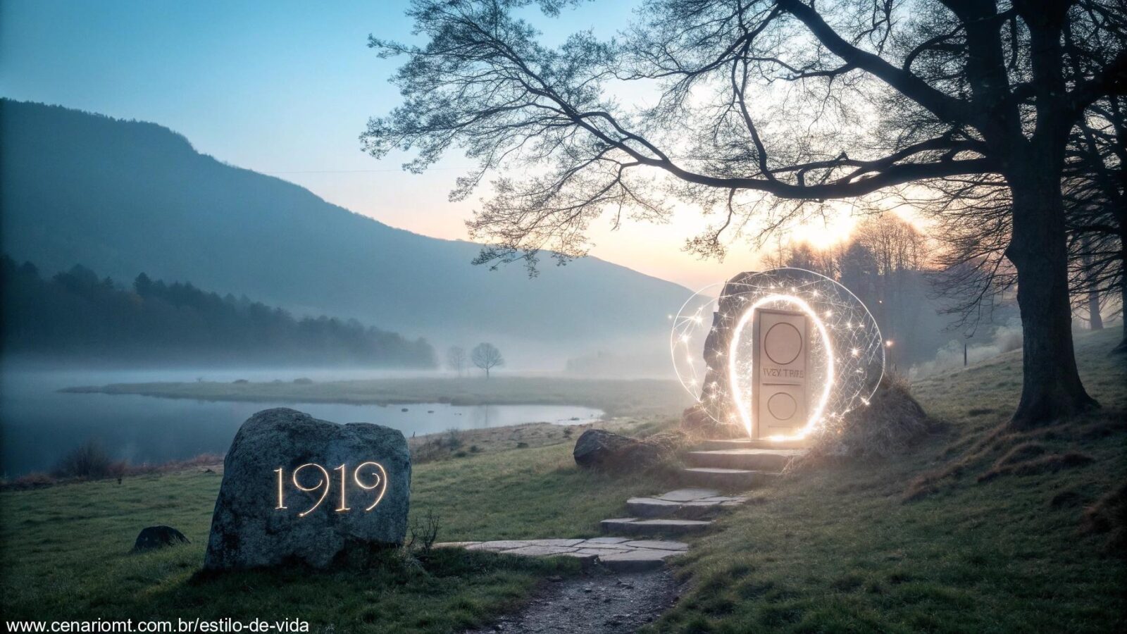 Uma cena mística representando o significado espiritual de 1919, simbolizando o fim de um ciclo e o início de novas possibilidades.