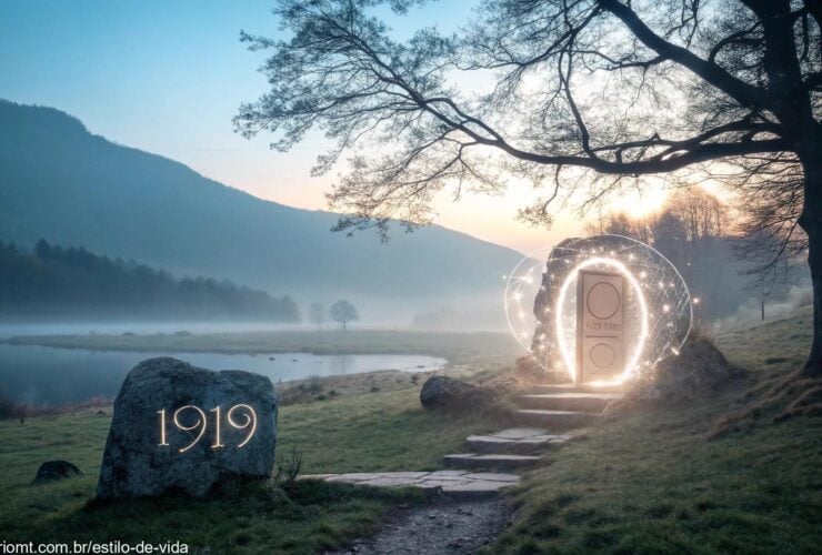 Uma cena mística representando o significado espiritual de 1919, simbolizando o fim de um ciclo e o início de novas possibilidades.