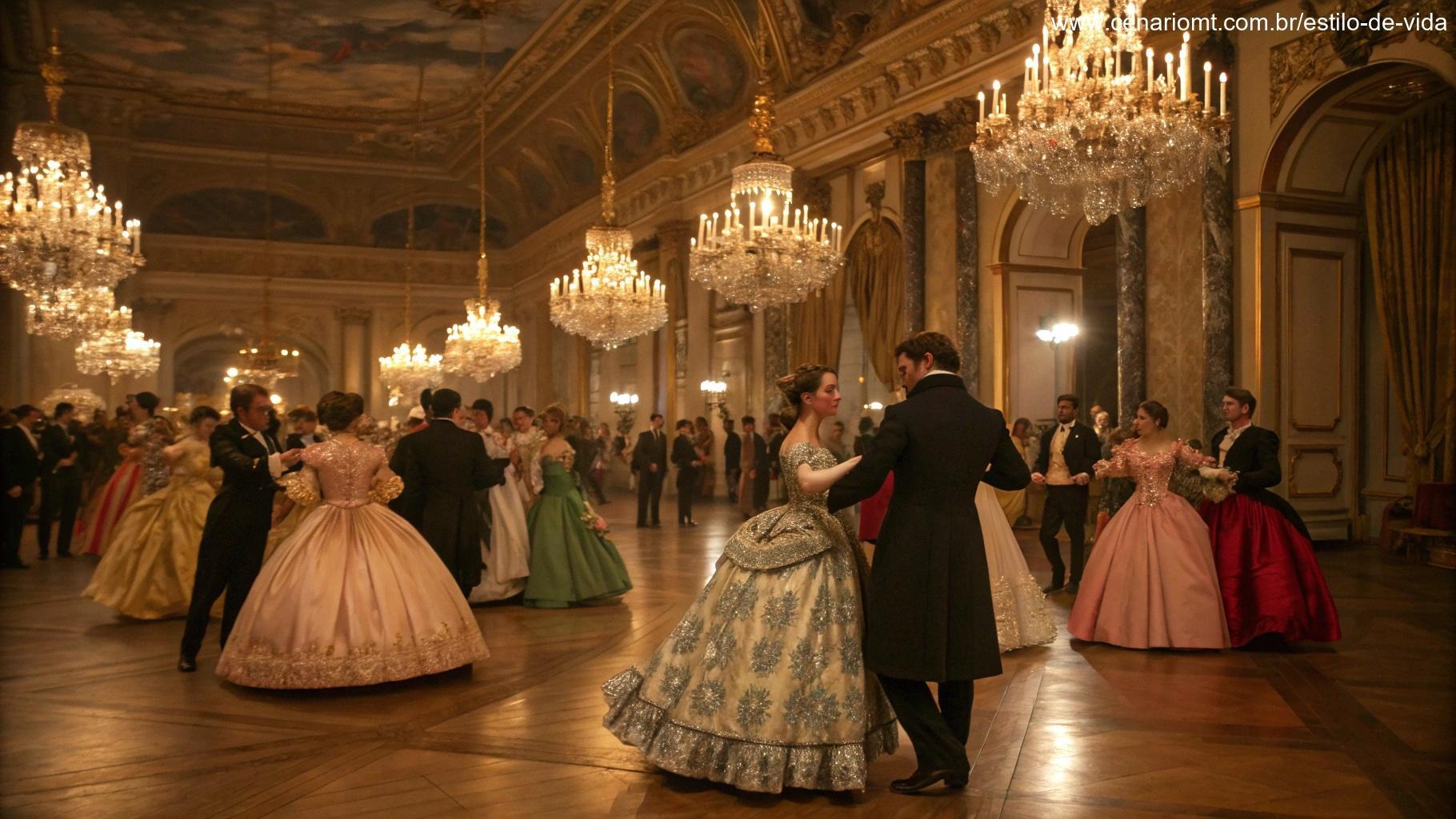 Uma cena de salão luxuoso do século XIX, com homens e mulheres vestidos com trajes opulentos.