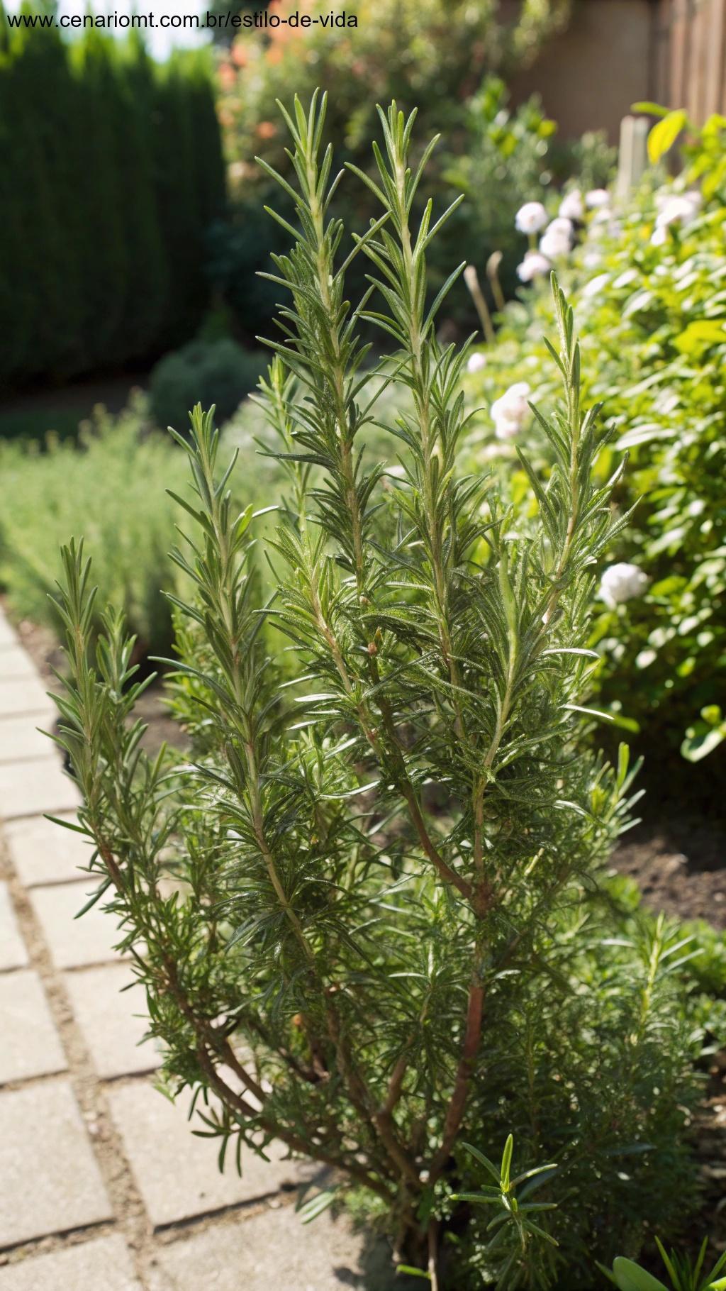 Uma planta de alecrim com folhas em forma de agulha crescendo em um local ensolarado no jardim.