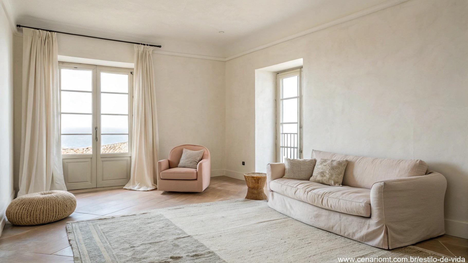Quarto minimalista com paredes e móveis em tons claros, criando sensação de amplitude.
