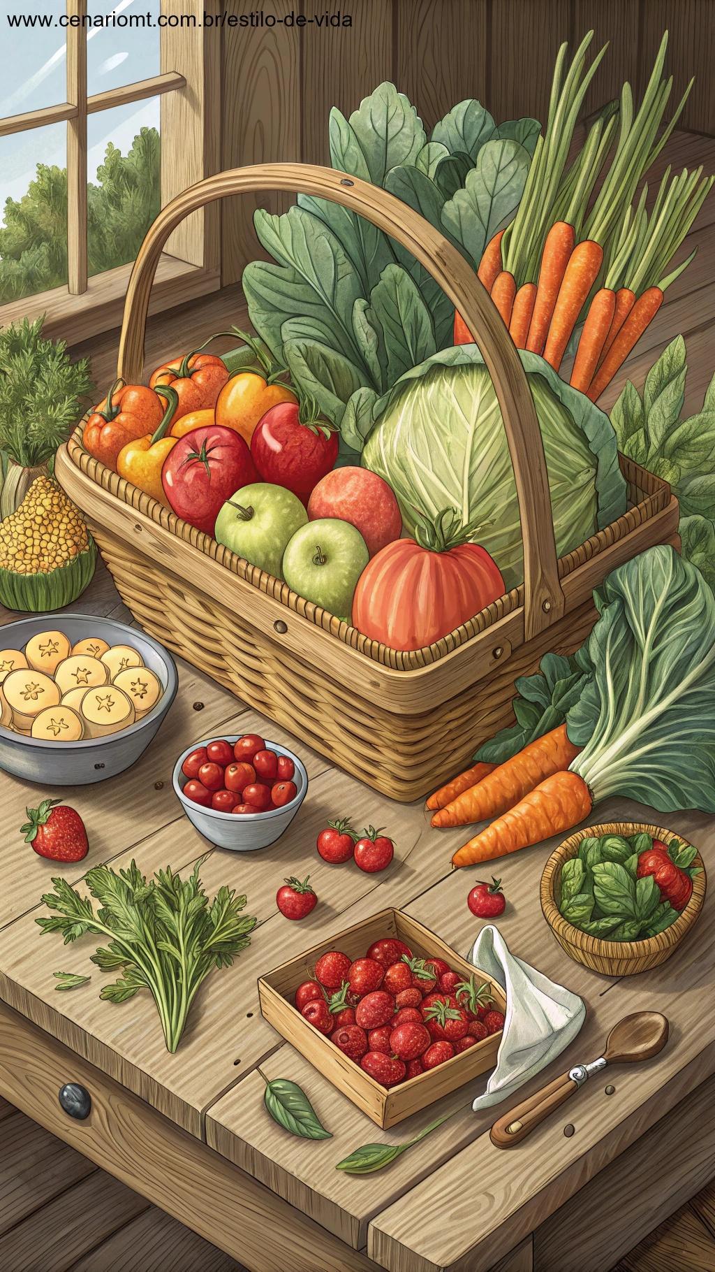 Frutas e vegetais da estação dispostos de forma atraente em uma mesa rústica.