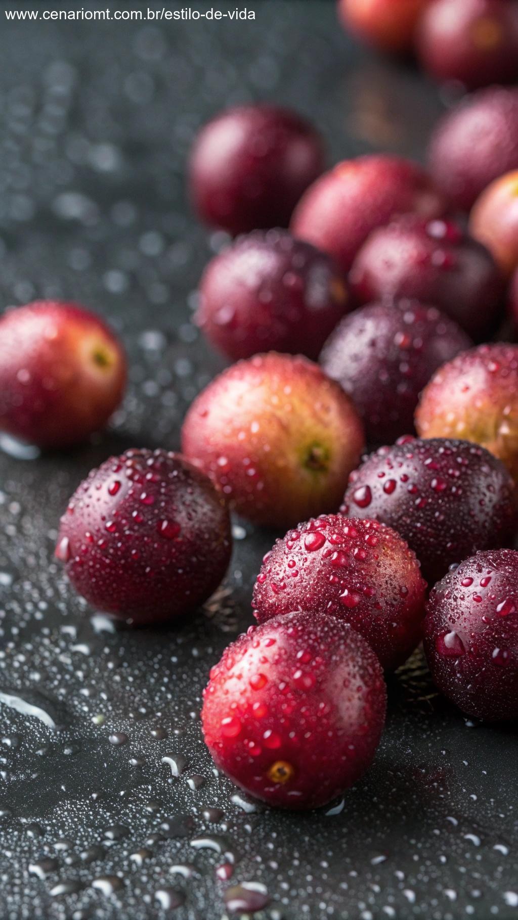 Frutas de camu camu em um fundo escuro, destacando sua aparência pequena, arredondada e de cor roxa-avermelhada, com gotas de água na superfície.