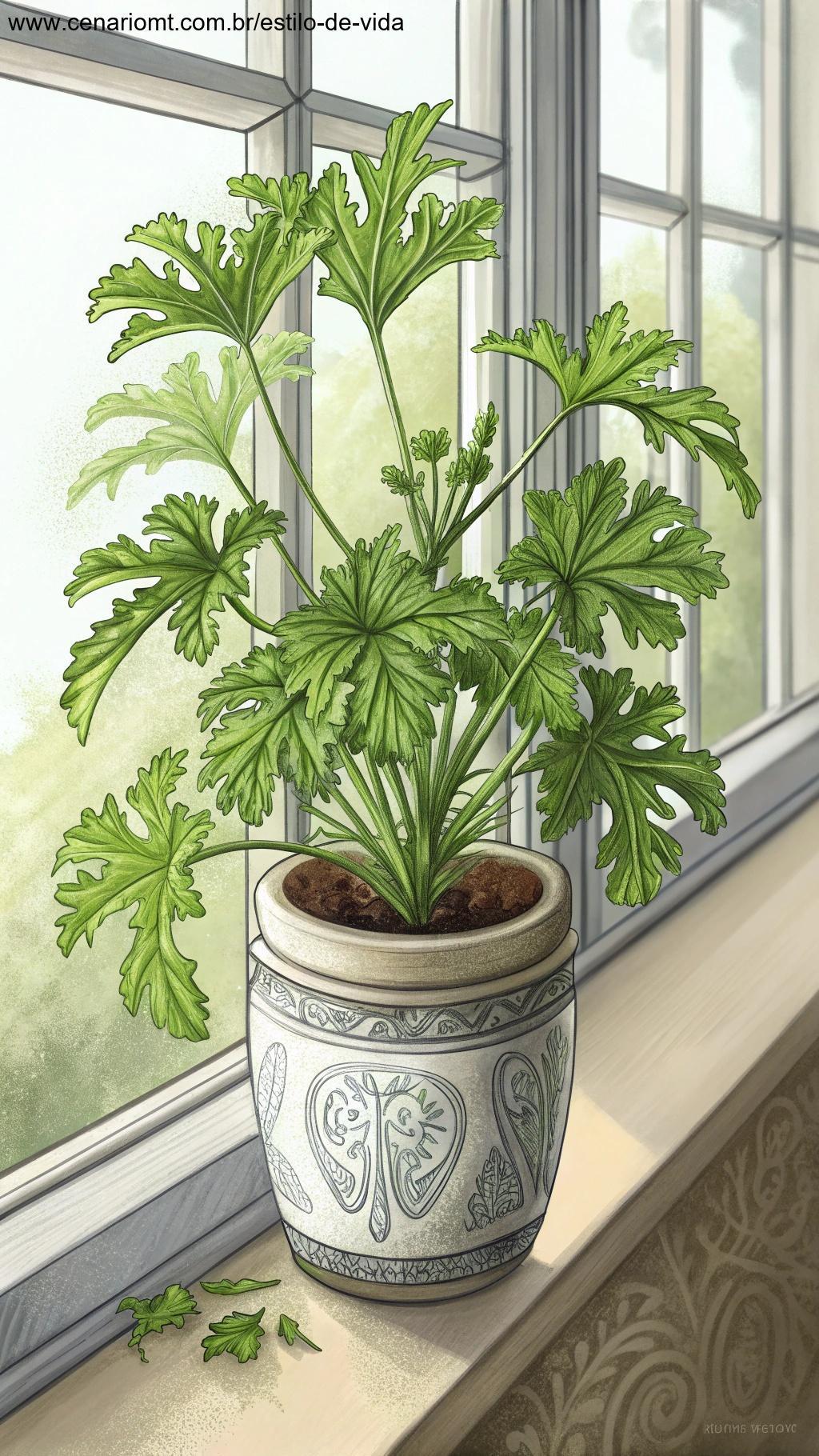 Planta de citronela fresca com folhas verdes longas, colocada em um vaso decorativo no peitoril da janela.