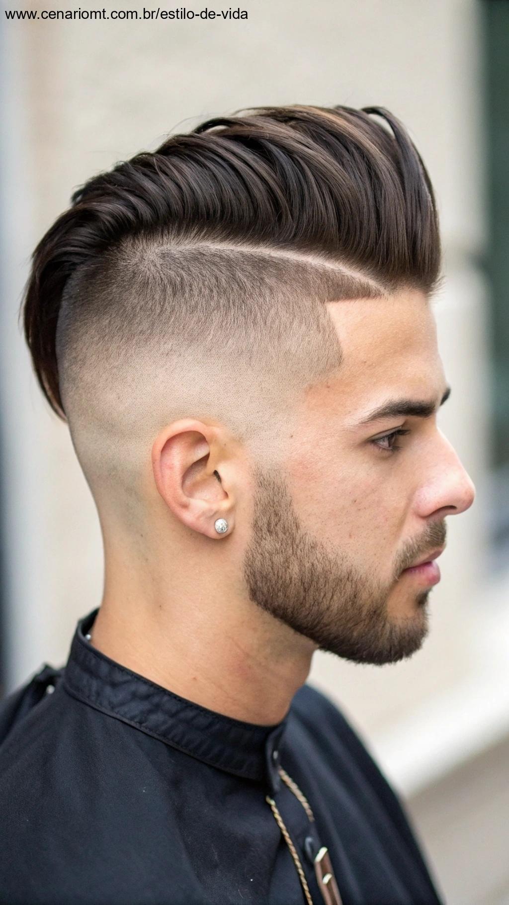 Corte undercut, com os lados raspados e o topo mais longo e estilizado para trás.