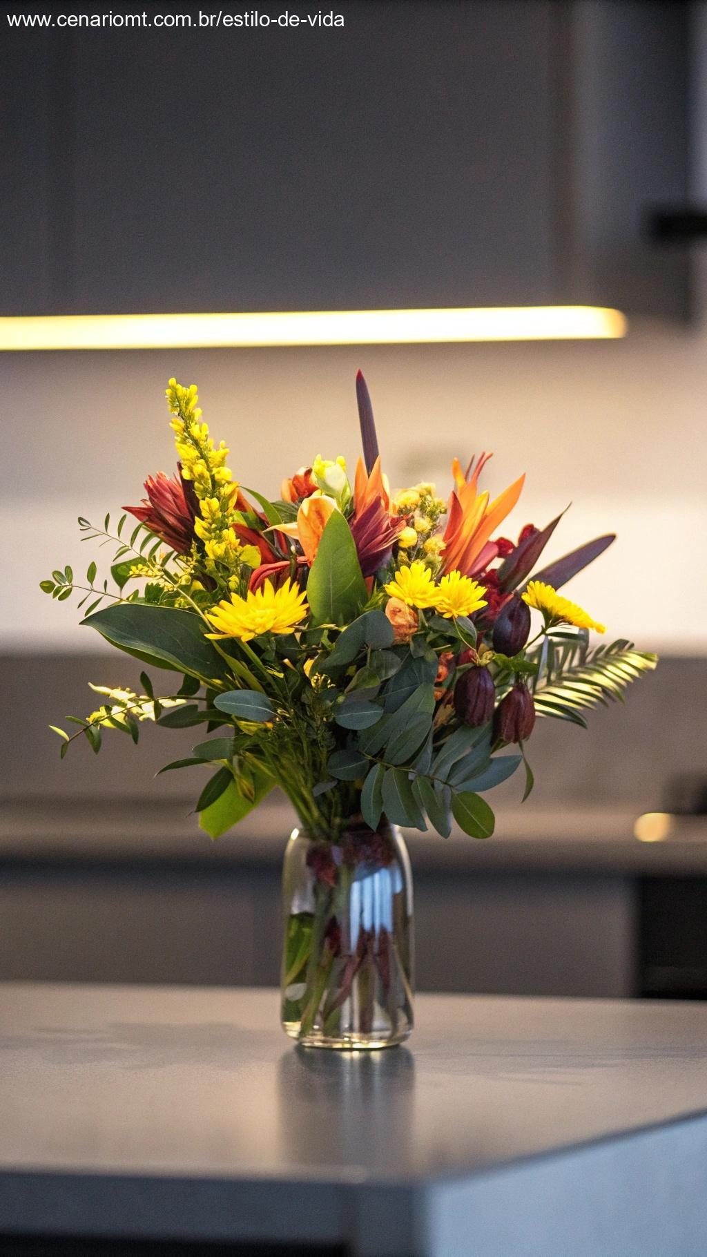 Arranjo floral vibrante em um frasco de vidro, com flores coloridas e folhagens, em uma mesa de cozinha moderna.