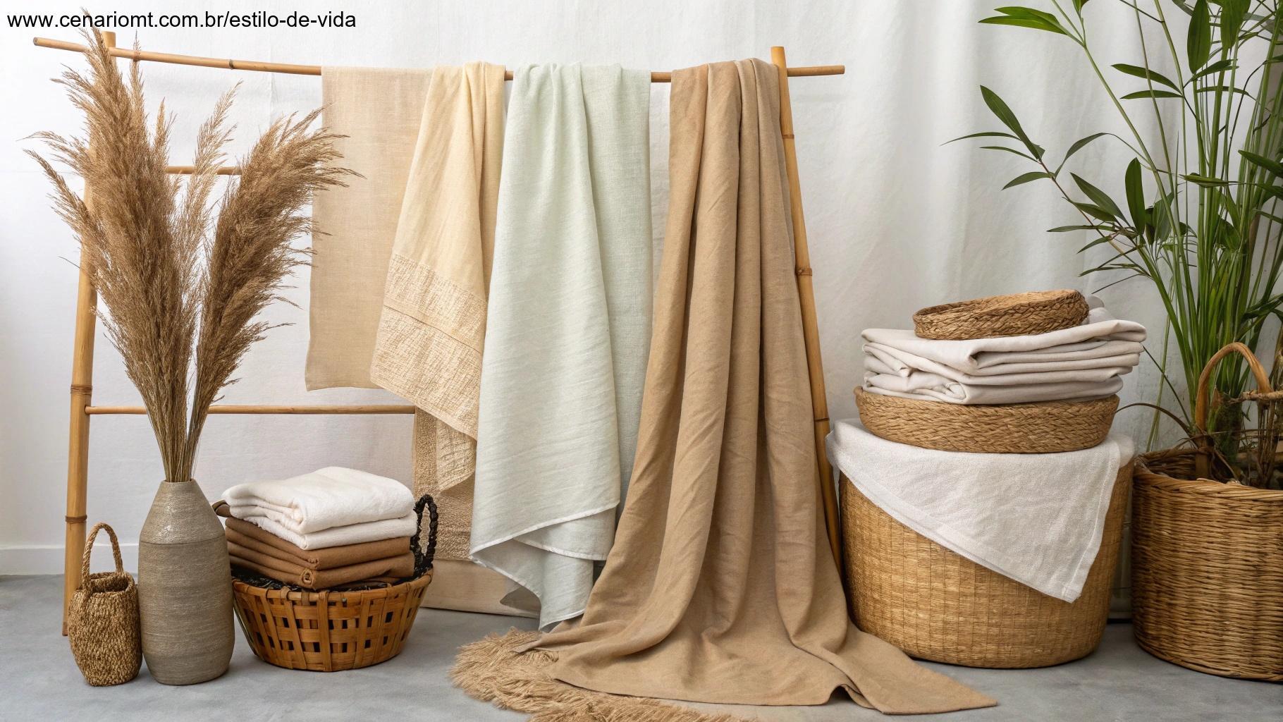 Tecidos orgânicos e naturais em tons suaves e terrosos