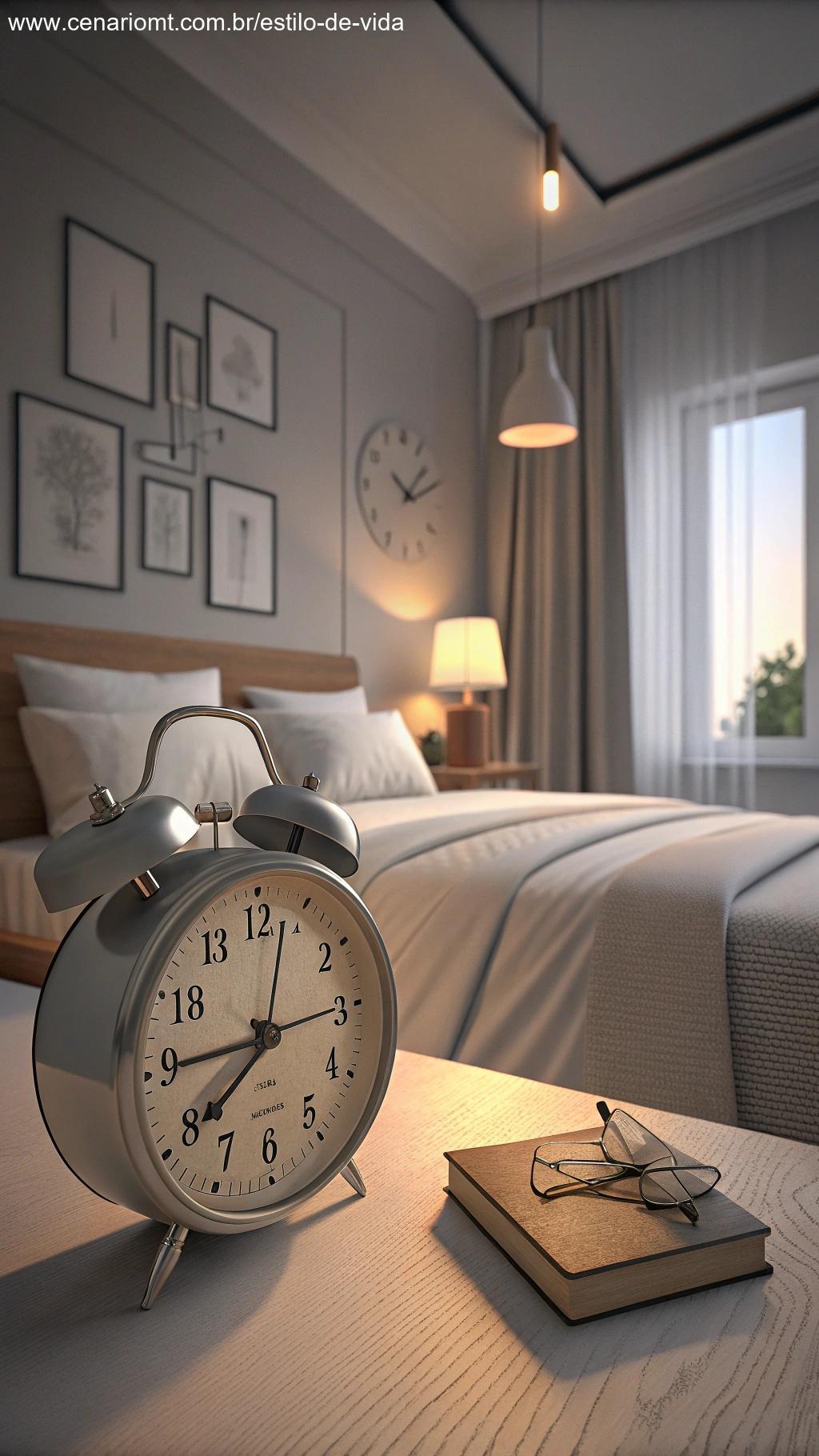 Imagem de um relógio despertador de manhã cedo com a cama arrumada, incentivando acordar sem apertar o botão de soneca.