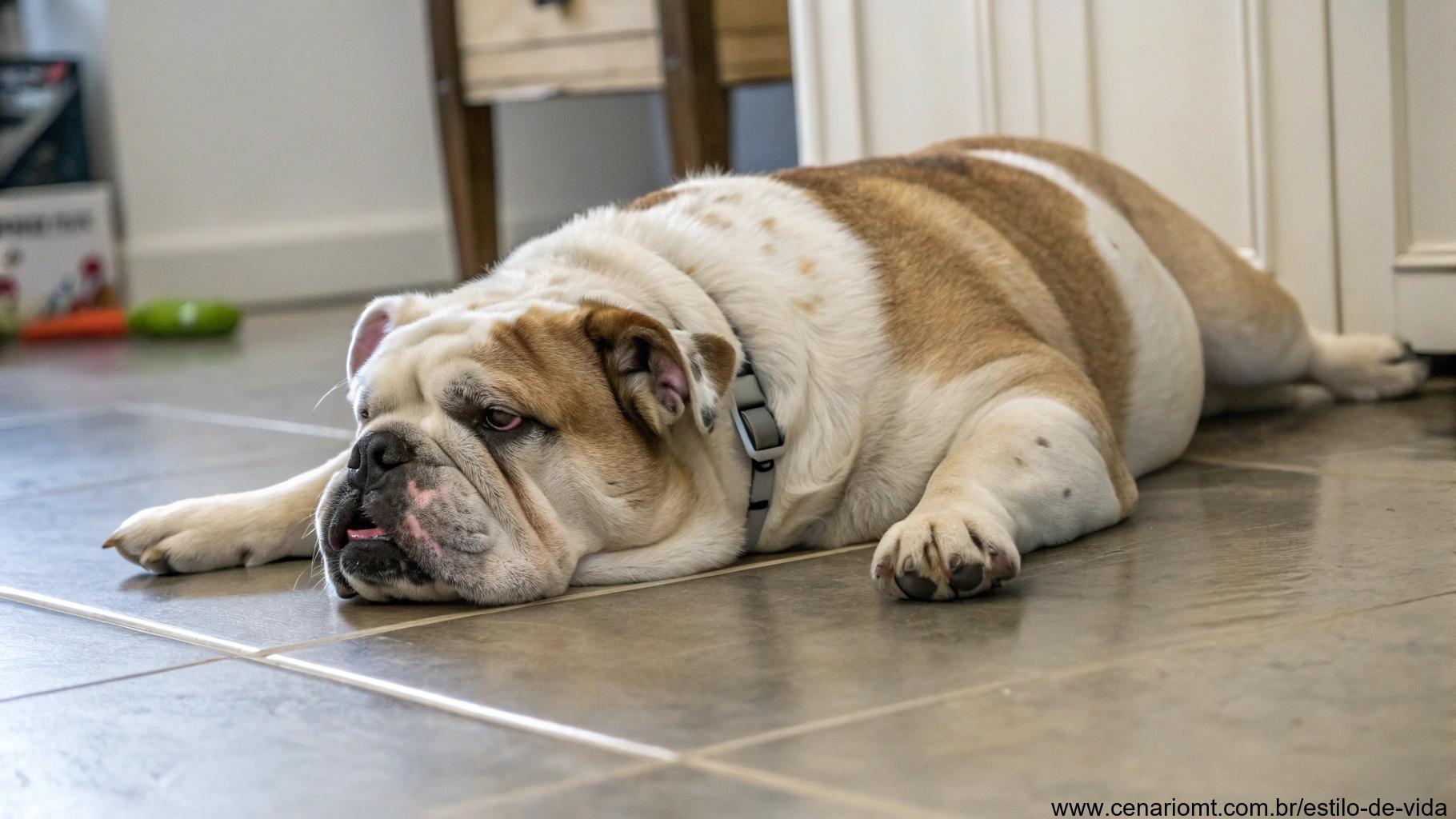 Cachorro gordo deitado no chão, com expressão de cansaço.