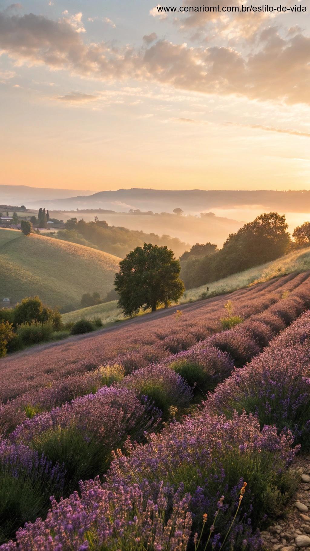 Campo de lavanda ao amanhecer com flores roxas se estendendo por colinas onduladas sob uma luz dourada suave.