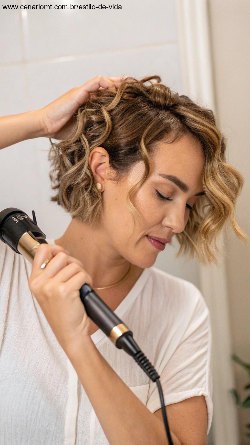 Mulher estilizando cabelo curto com babyliss para ondas naturais.