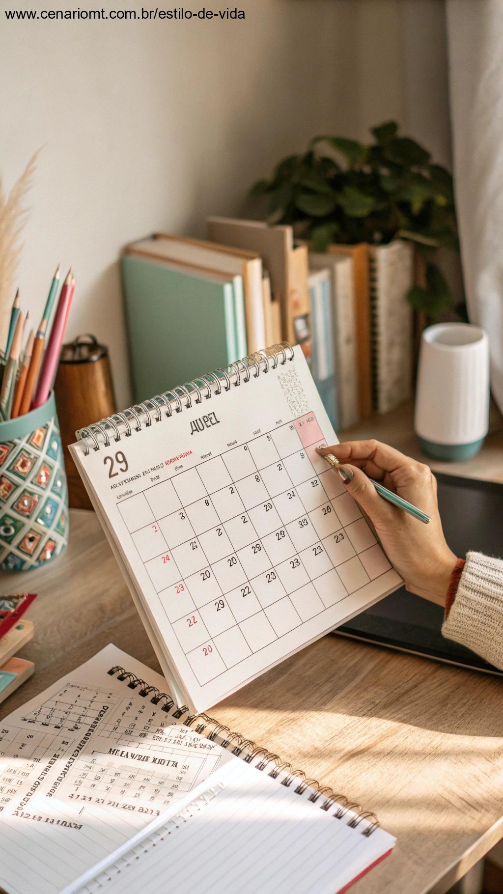 Uma mão segurando um calendário com datas destacadas, mostrando a importância de planejar com antecedência.