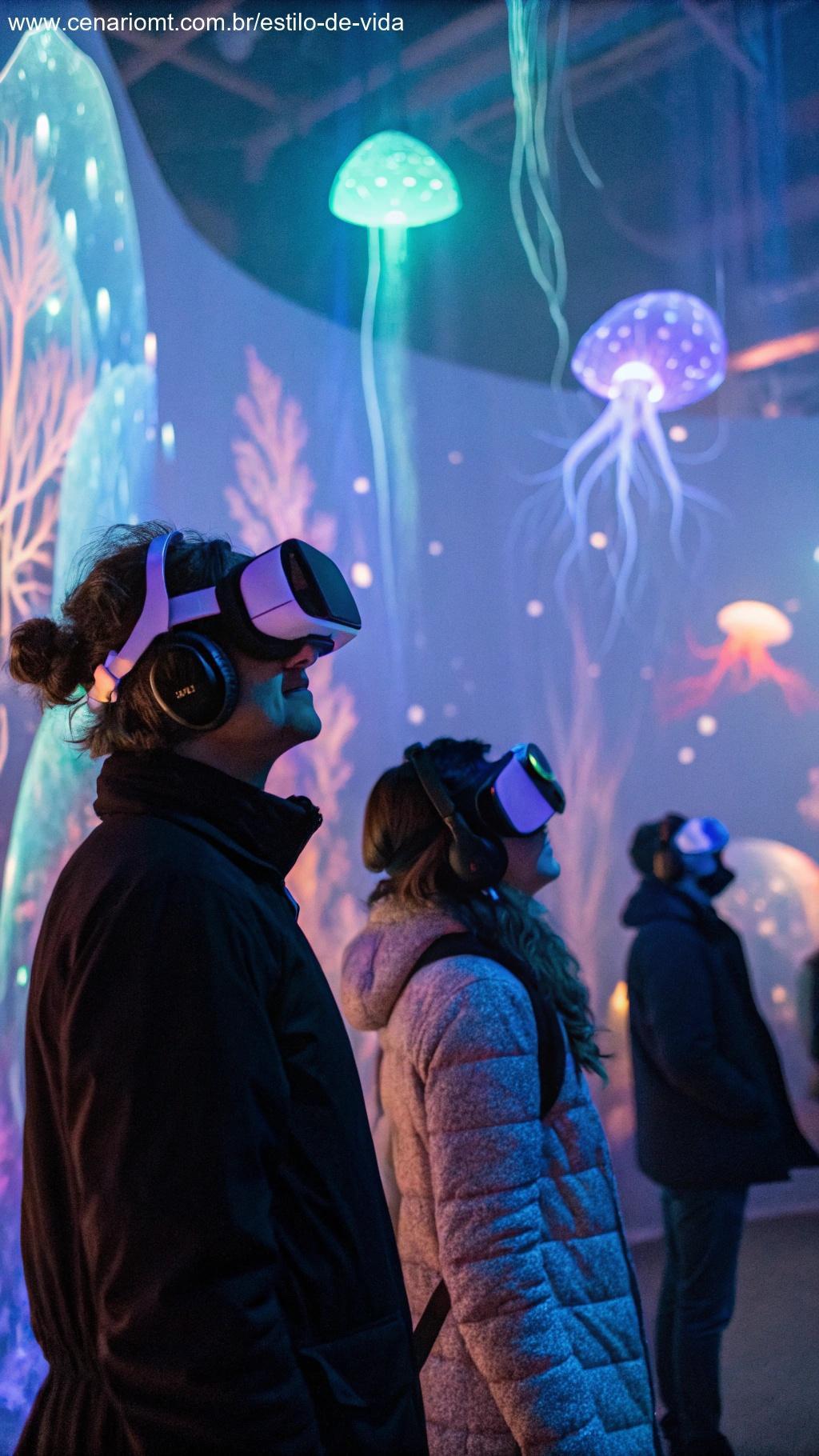 Representação vibrante de realidade virtual imersiva com pessoas usando headsets VR avançados explorando ambientes virtuais fantásticos, cercados por visuais holográficos brilhantes.