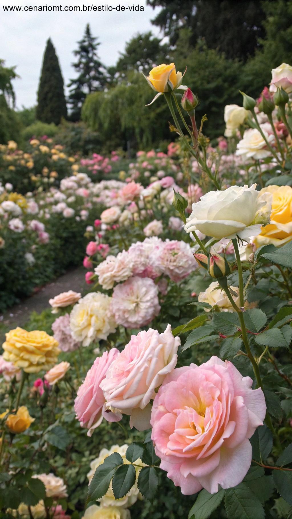 Um jardim cheio de rosas em plena floração, com tons suaves de rosa, amarelo e branco.