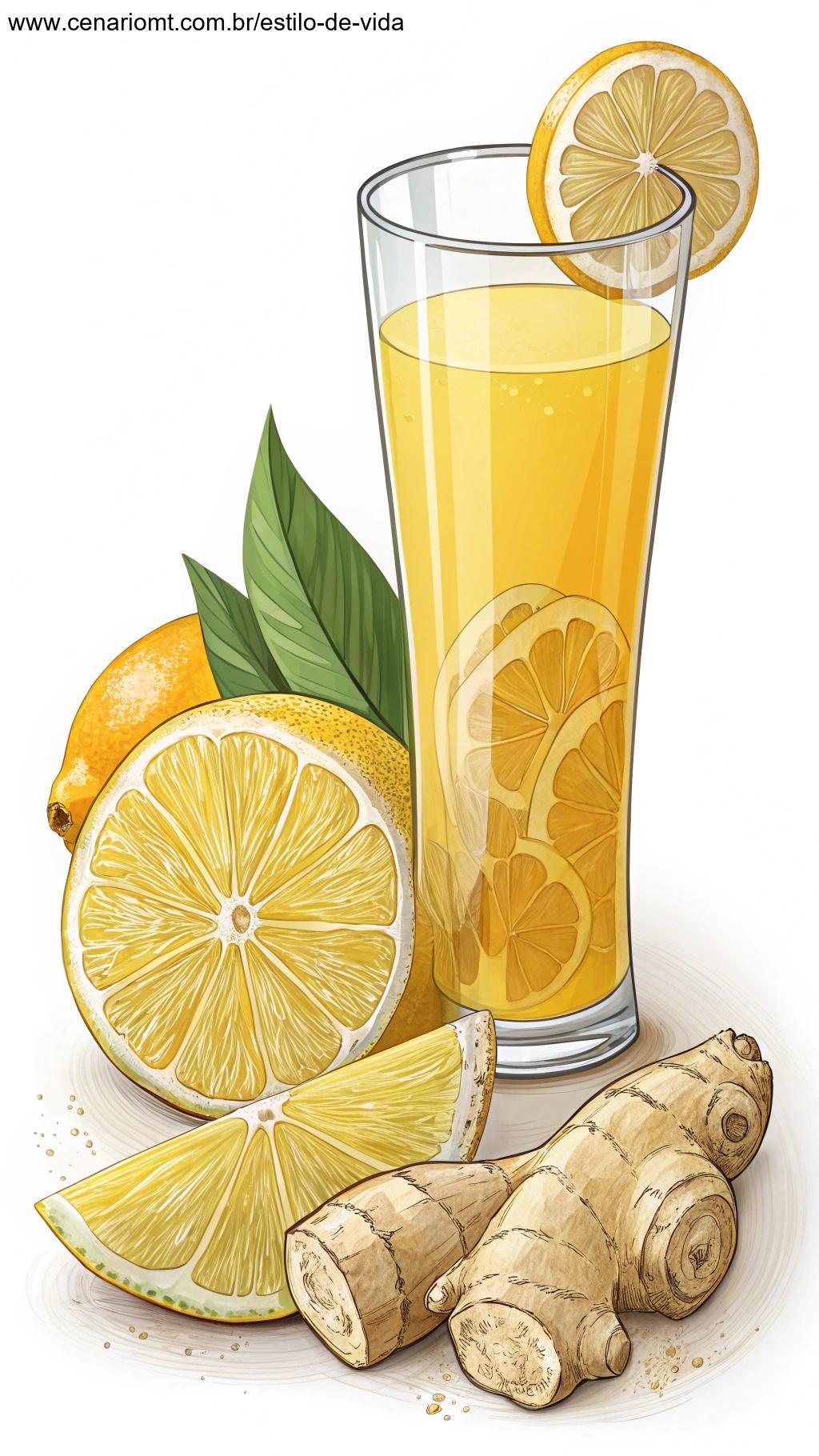 Copo de suco de limão e gengibre, com fatias de limão fresco e raiz de gengibre ao lado do copo.