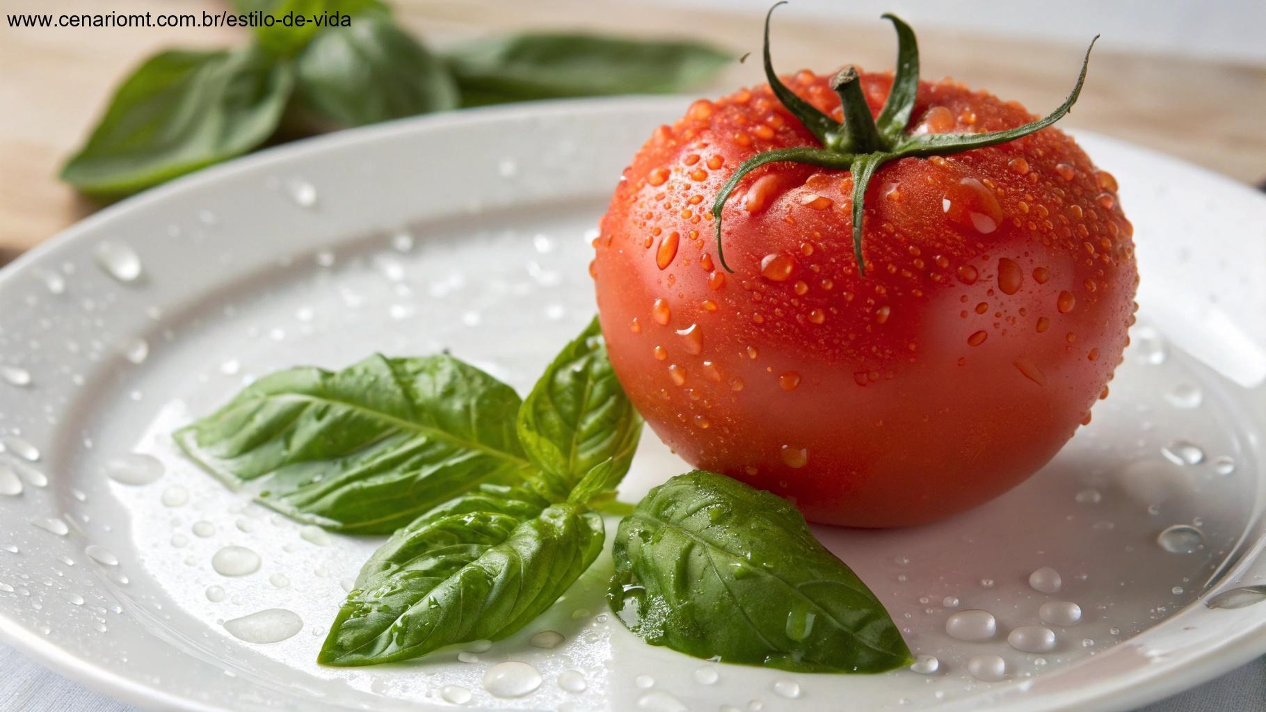 Tomate fresco com gotas de água na pele, decorado com folhas de manjericão.