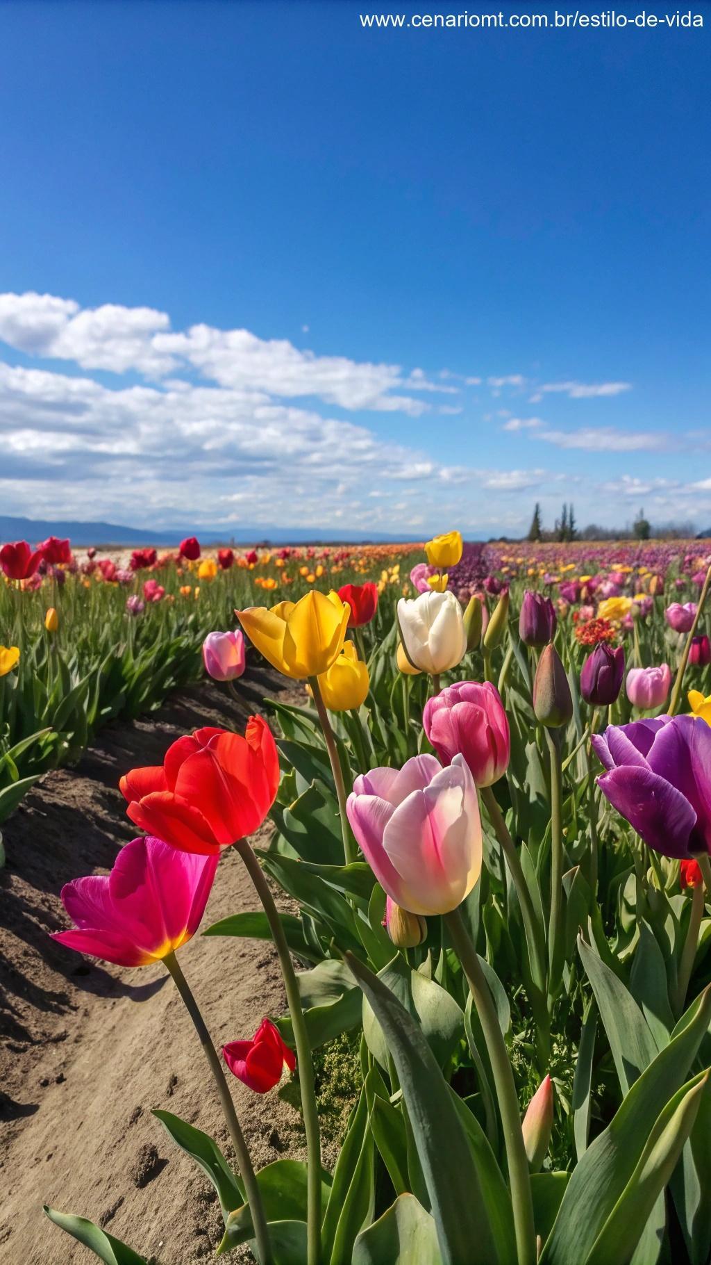 Campo de tulipas coloridas em pleno florescimento.