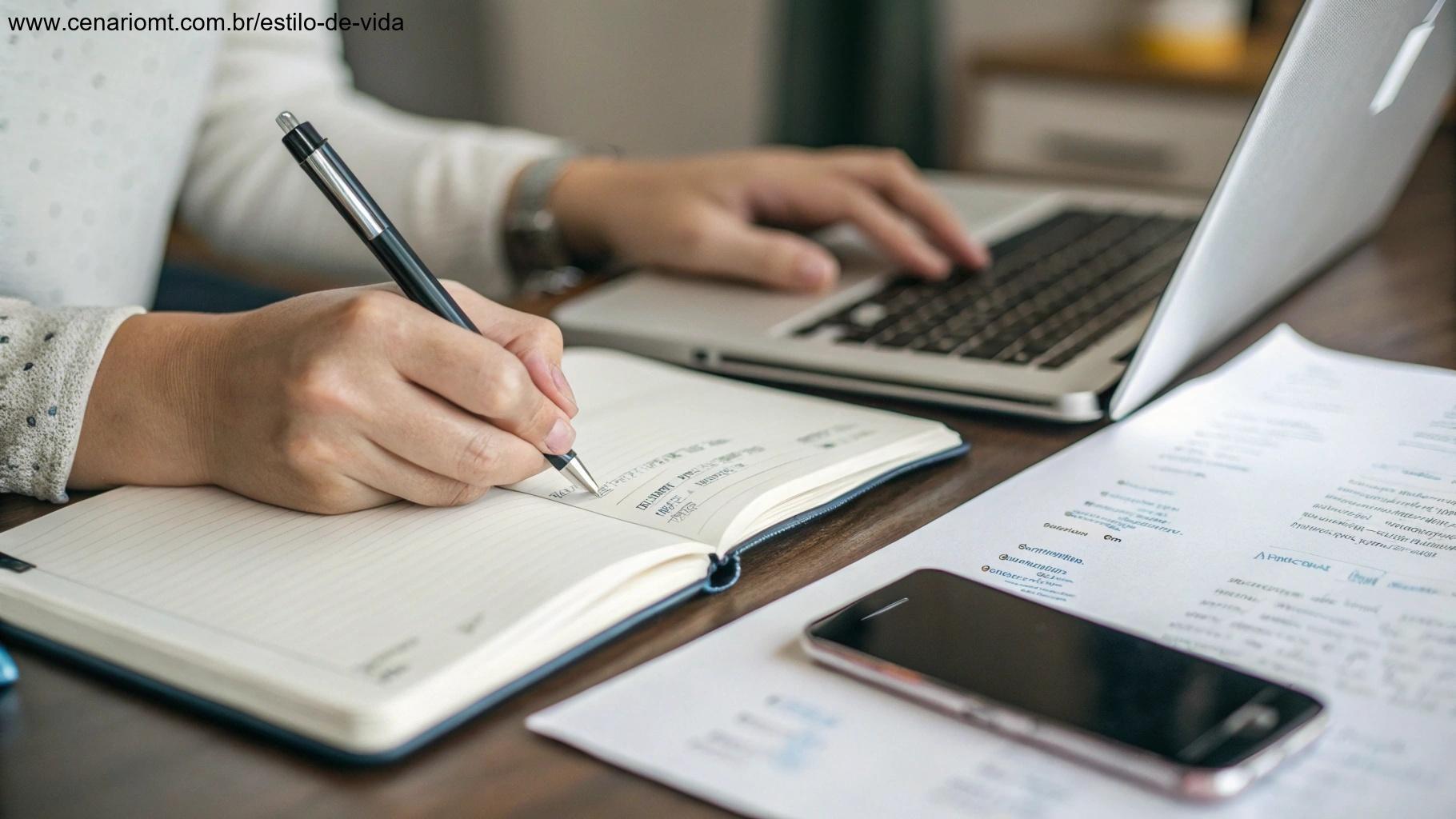 Pessoa escrevendo em uma lista de tarefas, priorizando no trabalho