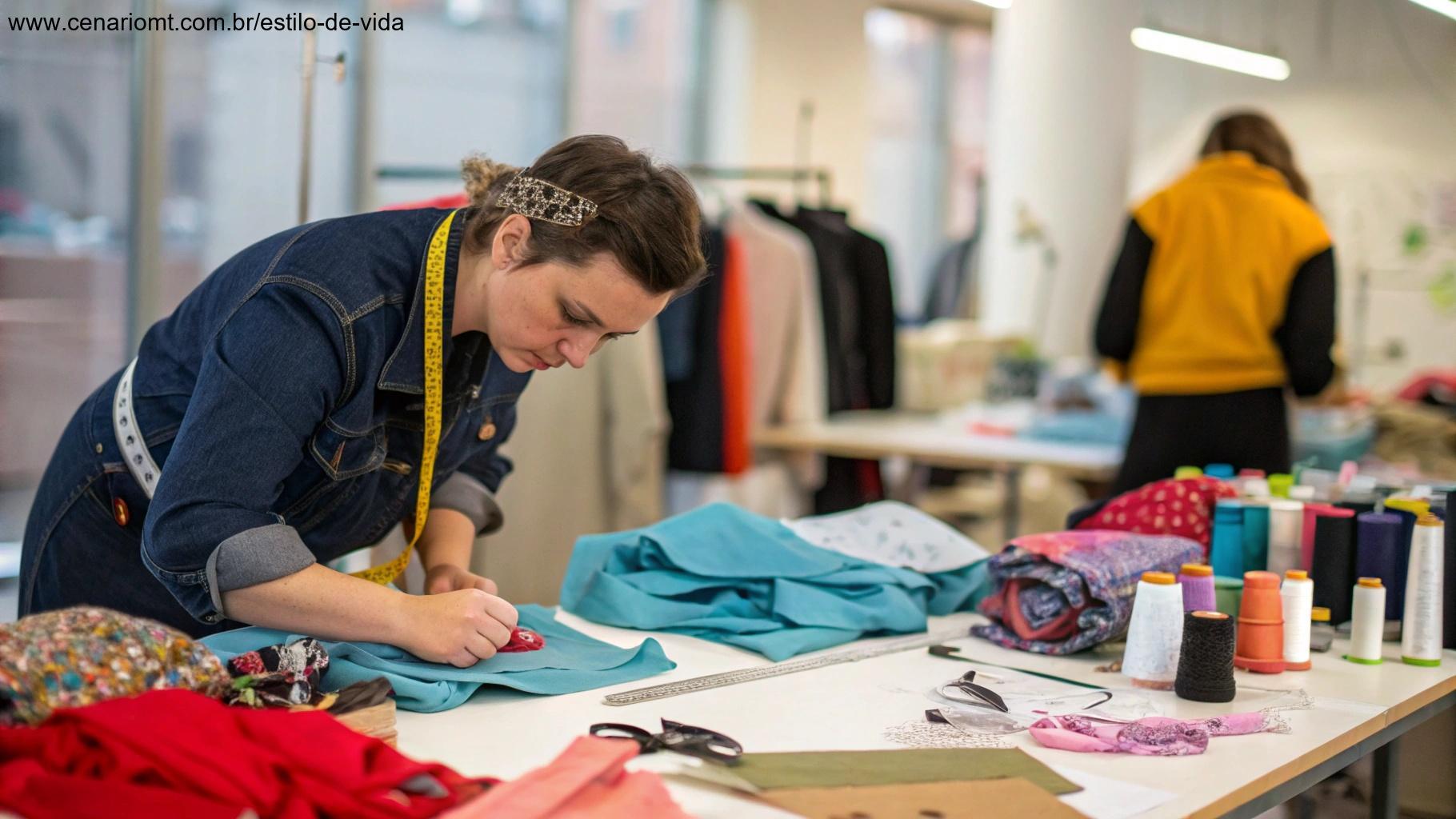 Espaço criativo de upcycling, onde roupas antigas se transformam em novas peças de moda