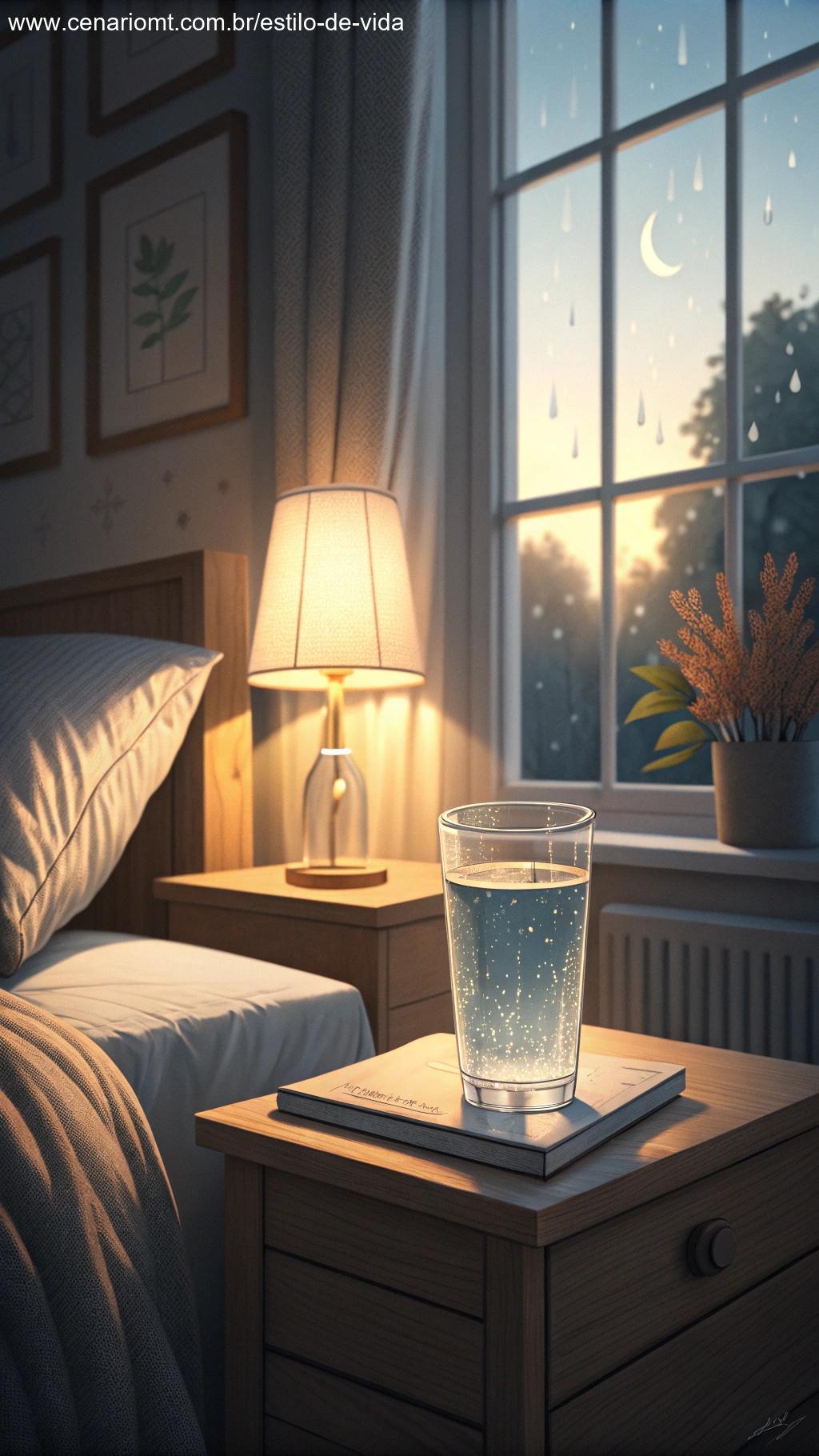 Imagem de um copo de água ao lado da cama com luz suave da manhã iluminando o ambiente.