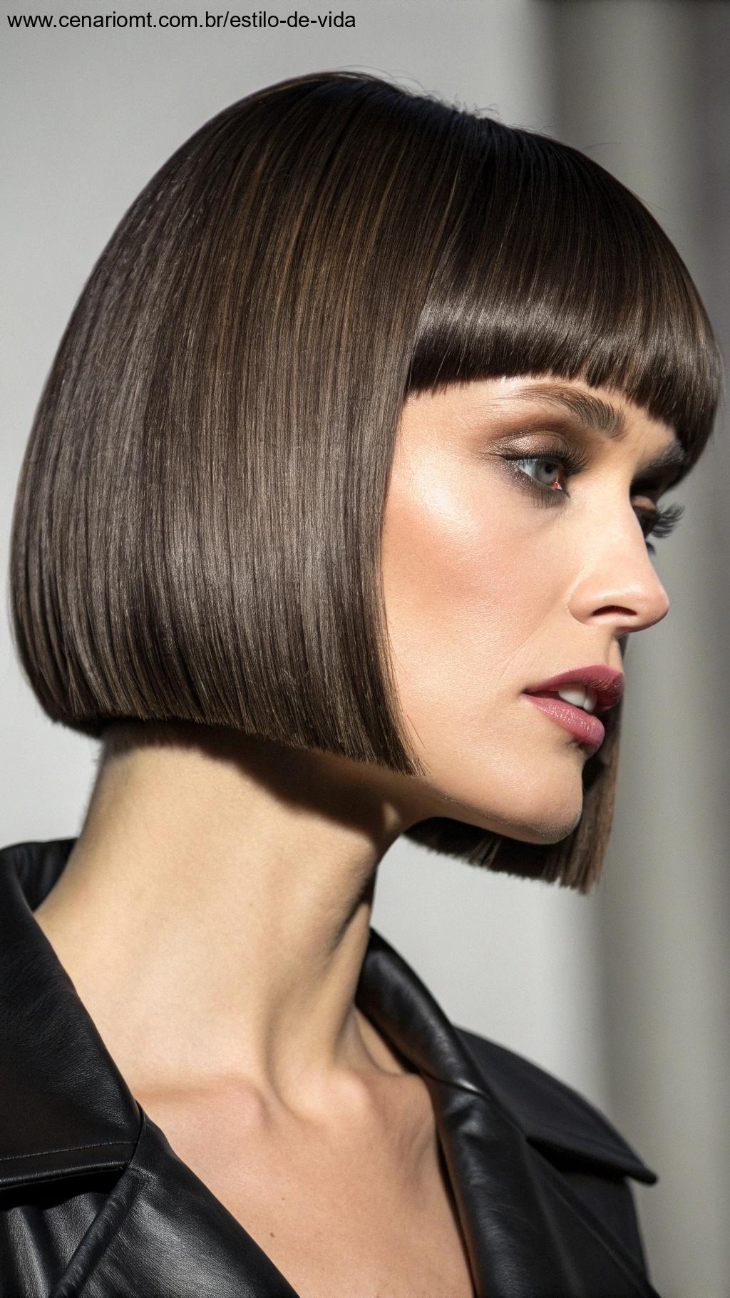 Corte de cabelo bob reto com linhas precisas.