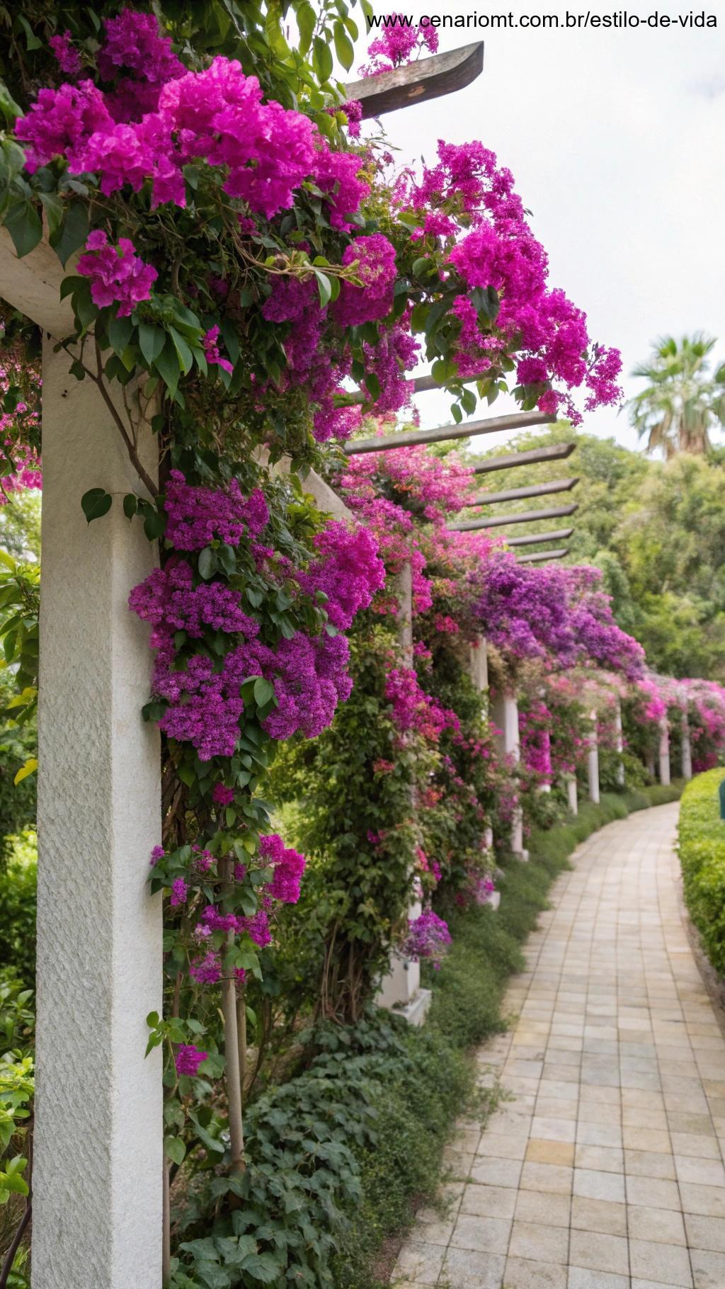 Flores de Bougainvillea em tons vibrantes de magenta e roxo subindo por uma treliça em um jardim tropical.