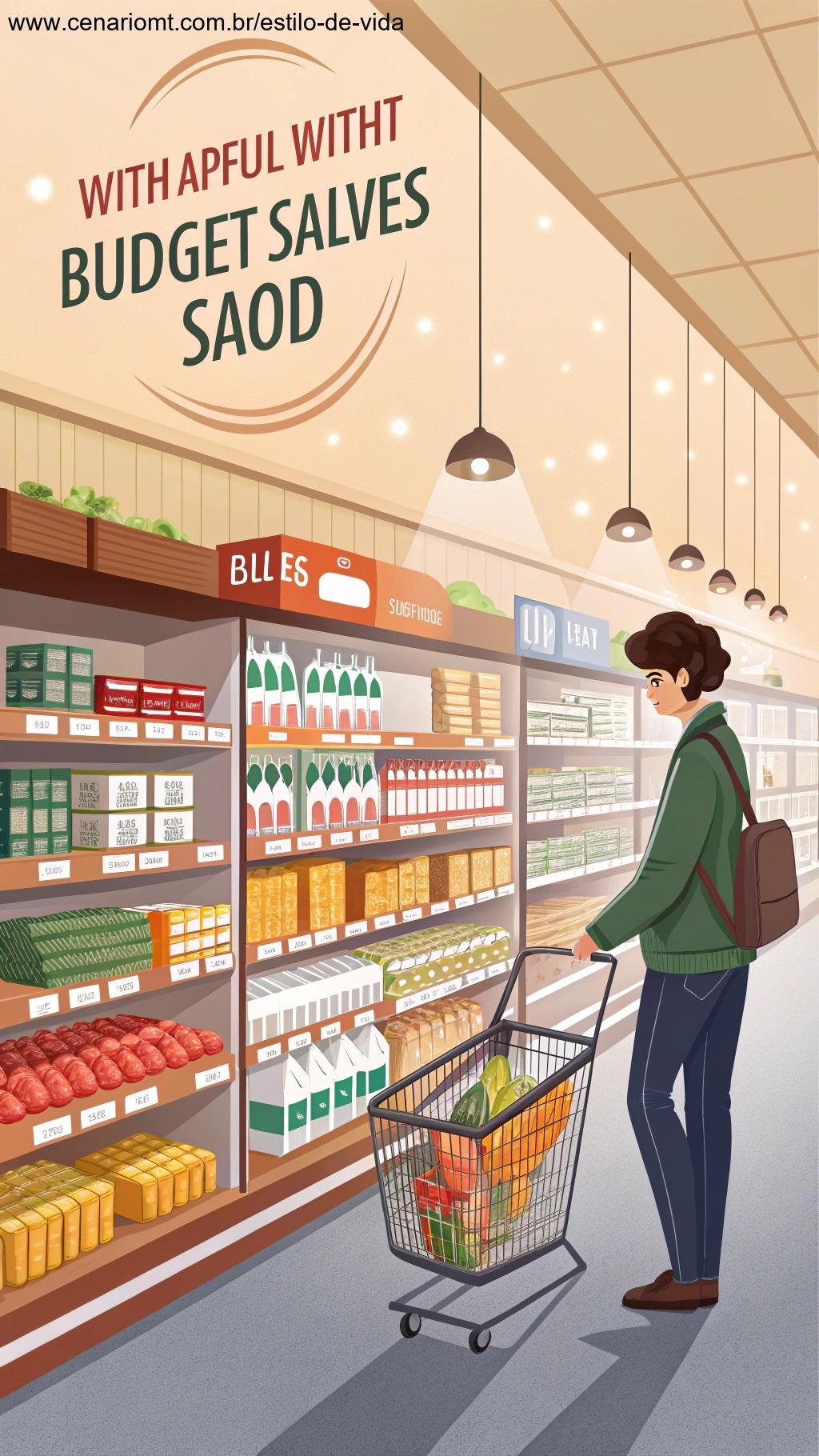 Prateleiras com alimentos em promoção em um supermercado, com um cliente escolhendo produtos.