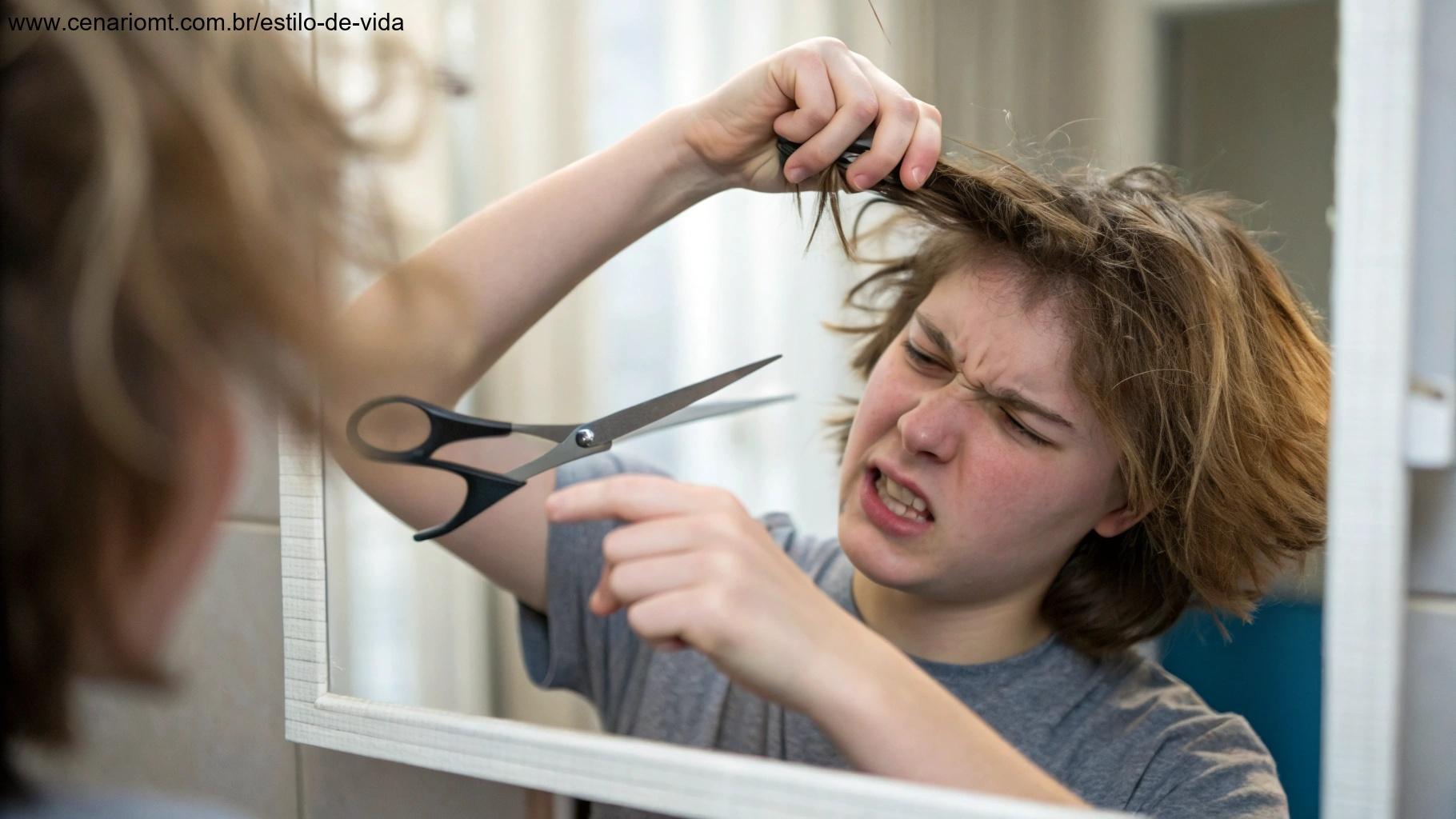 Uma cena de alguém cortando o cabelo impulsivamente, sem medir ou dividir em seções, resultando em mechas irregulares.