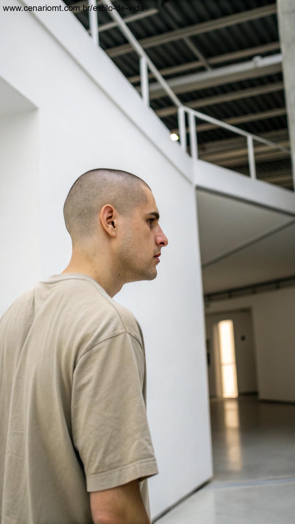 Homem com corte buzz, cabelo curto e uniforme, em um ambiente minimalista.