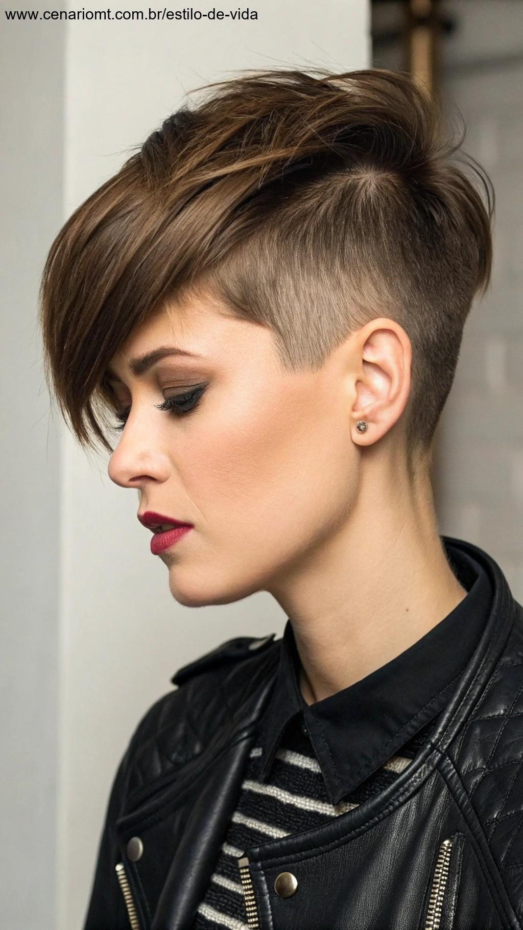 Corte joãozinho estiloso com franja longa e detalhes modernos.