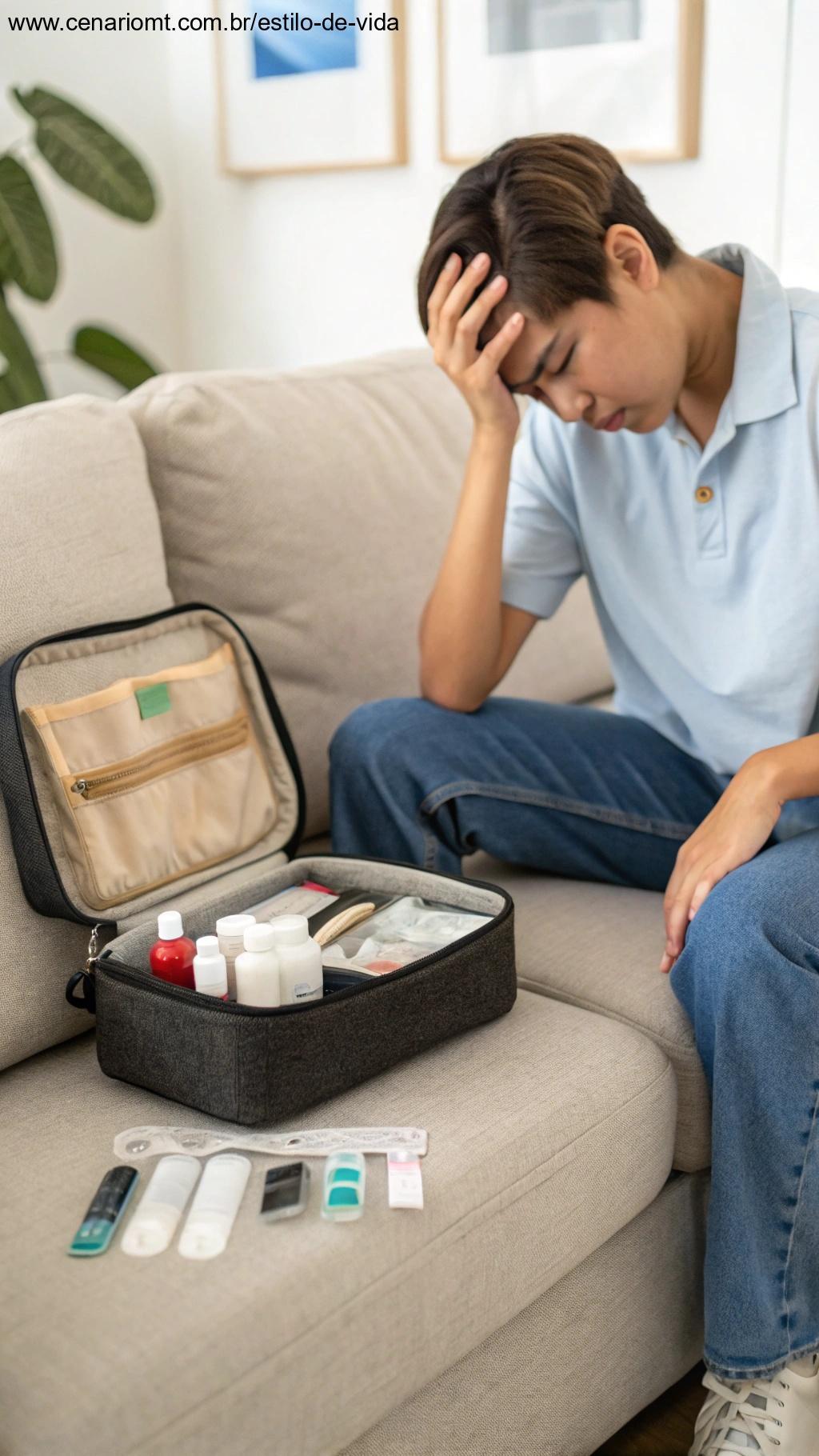 Pessoa sentada no sofá, parecendo cansada e estressada, com um kit de autocuidado vazio ao lado, simbolizando a negligência do autocuidado.