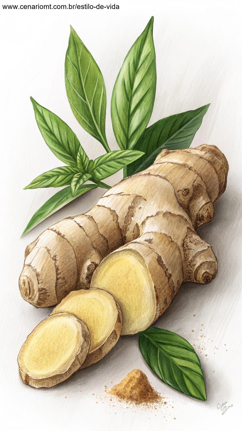 Raiz de gengibre fresca sobre uma superfície branca limpa, com sua textura nodosa e tons terrosos, realçada por folhas verdes ao redor.