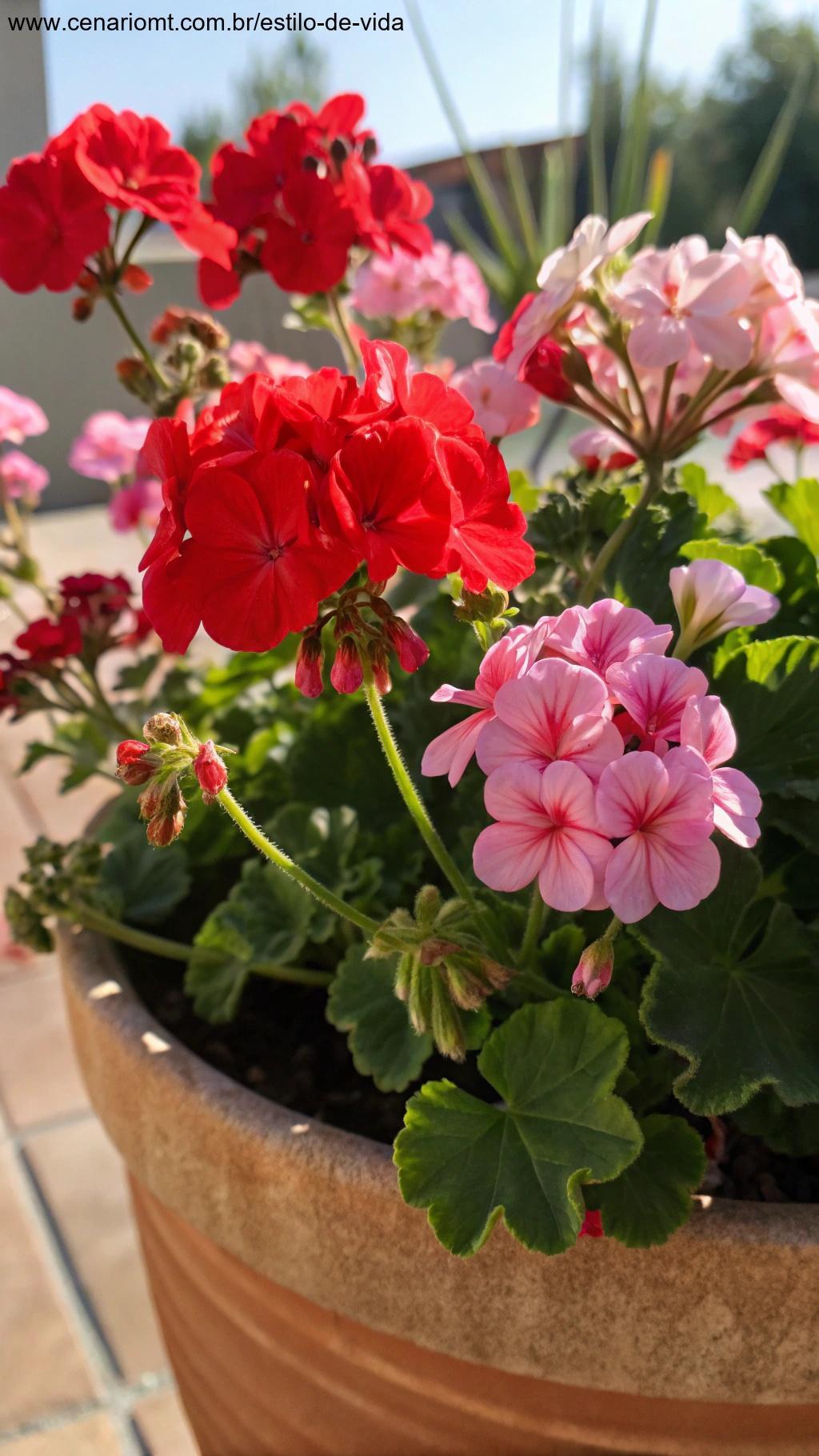 Um vaso cheio de flores de gerânio, com suas cores vibrantes em tons de vermelho e rosa, contra um fundo ensolarado.
