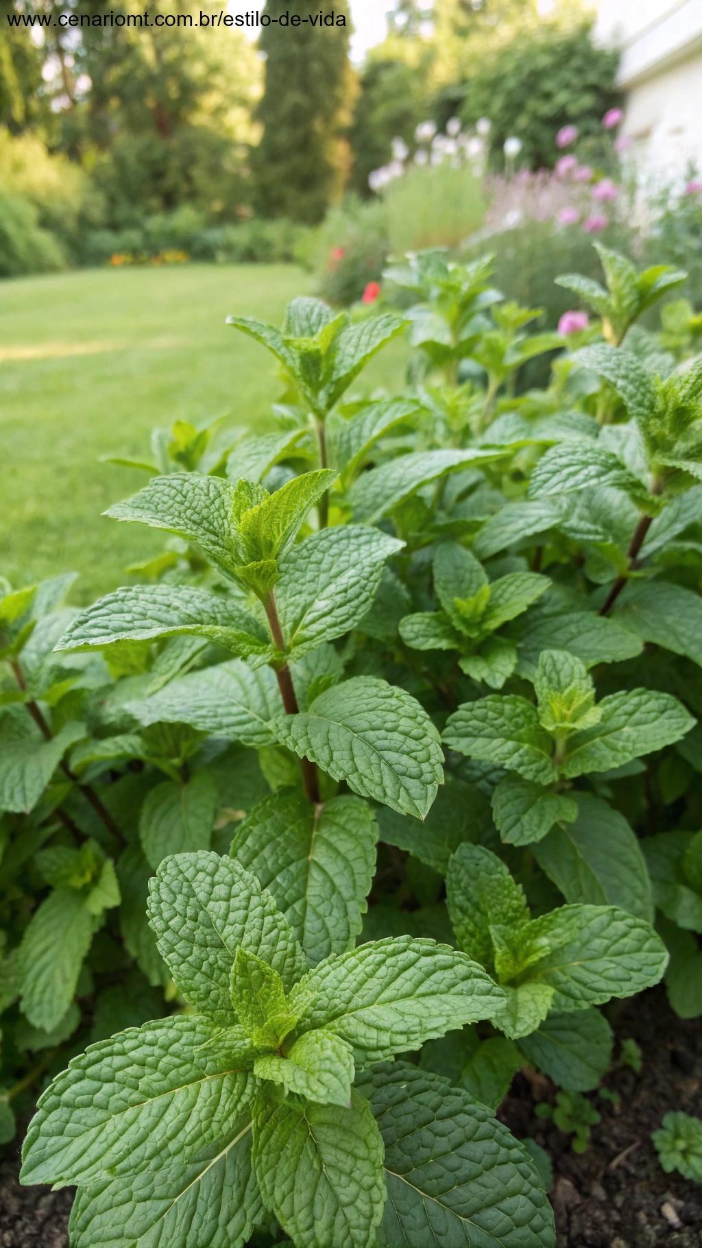 Uma planta de hortelã exuberante, com folhas aromáticas crescendo no jardim.