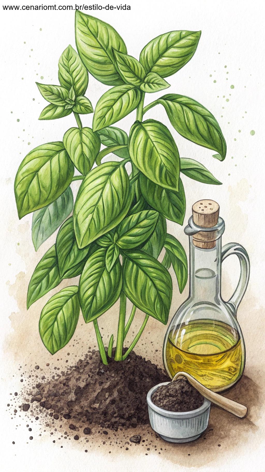 Planta de manjericão crescendo em uma horta de cozinha, com folhas verdes brilhantes, ao lado de um pequeno recipiente de azeite.